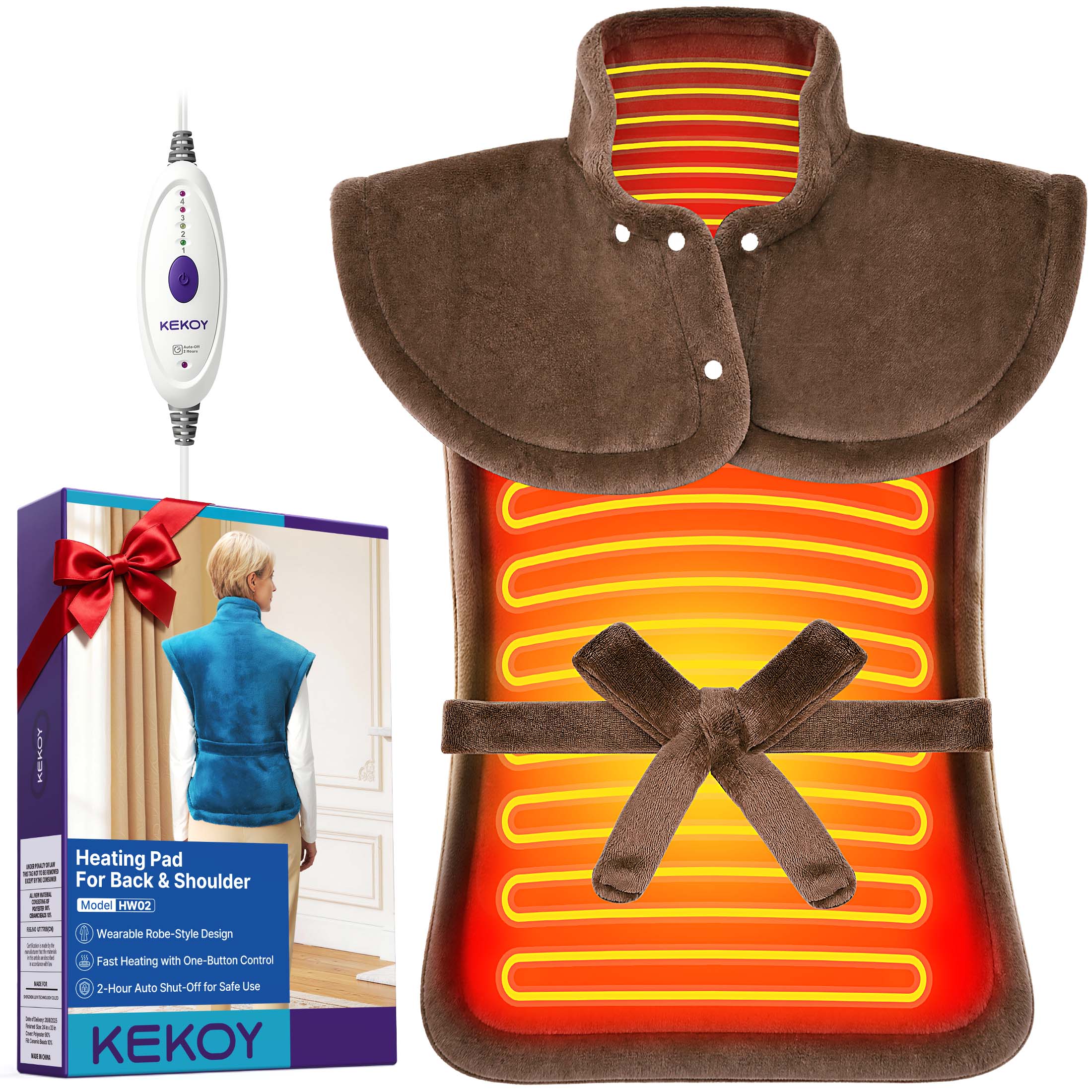 KEKOY Large Heating Pad for Back Pain Relief, Large 24"x33" Fast-Heating Pad for Neck and Shoulders with Auto Shut-Off, Soft & Machine Washable, Dark Brown