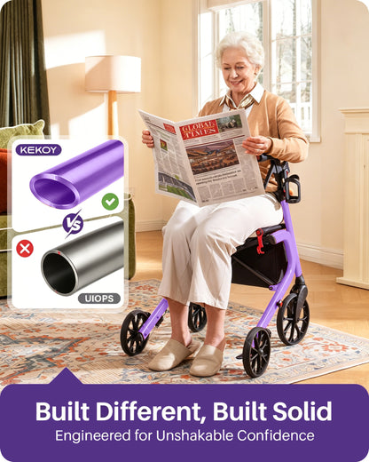 Kekoy Heavy-Duty Rollator Walker with Seat for Seniors – 500 lbs Walker for Seniors, Extra-Wide 19.5" Seat, Reinforced K-Frame, 10" TPR All-Terrain Wheels, Hidden Brake Cables, 8-Level Adjustable Height, Purple