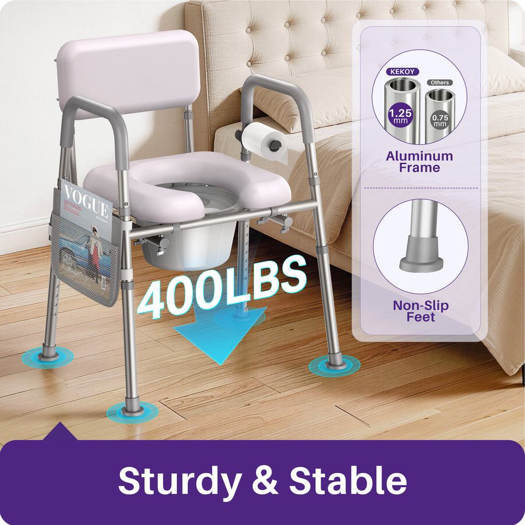 Kekoy Bedside Commode Chair with Padded Seat and Backrest, Aluminum Commode Toilet for Adults, Seniors, Disabled, Adjustable Height, Includes Potty Bucket & Splash Guard, 400lbs Capacity