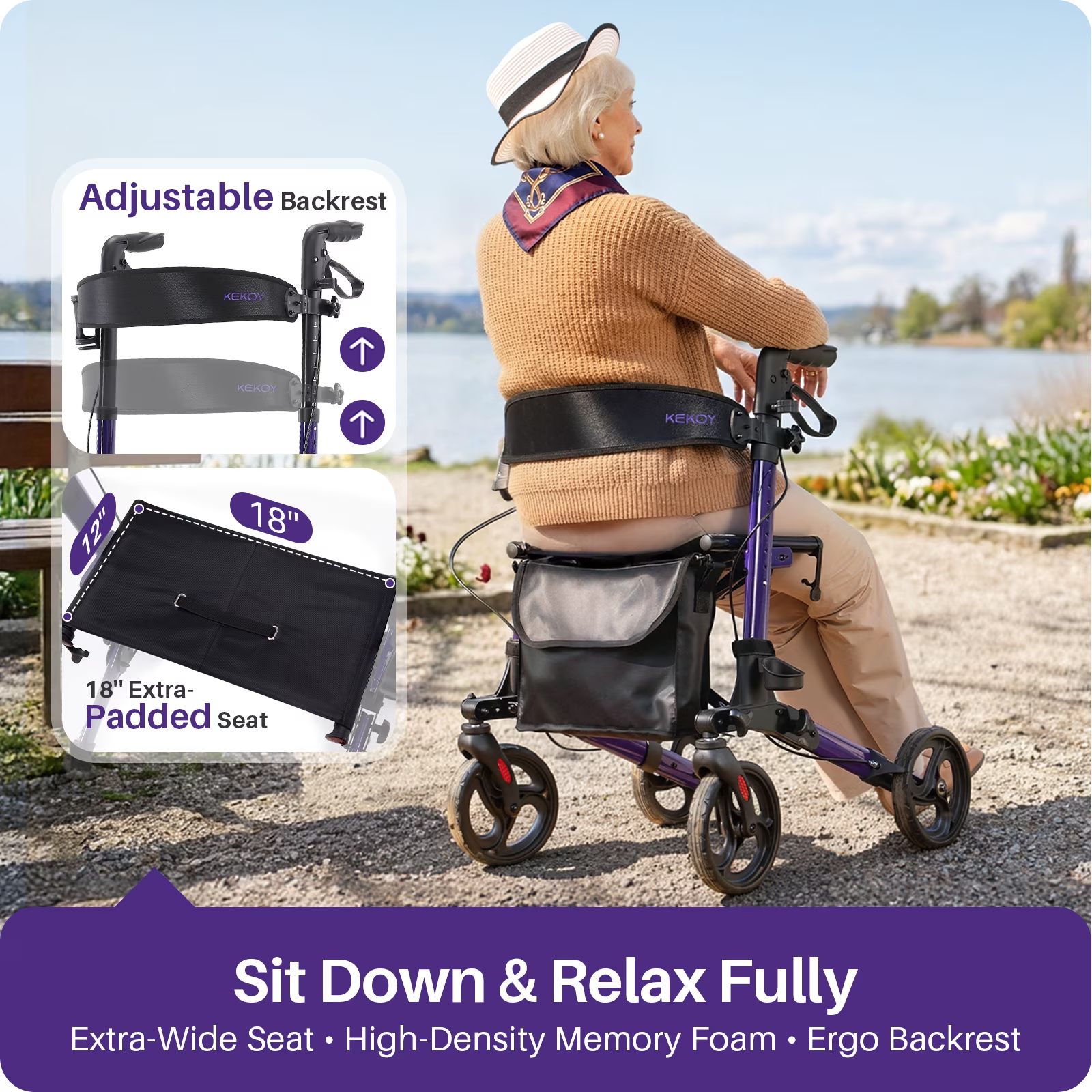 KEKOY Rollator Walker with Seat, Fits 4'9"-6'5", FSA HSA  Eligible Mobility Walkers for Seniors, Adjustable Height & Backrest, Foldable Aluminum, 8" All-Terrain Wheels, 350 lb Capacity, Purple