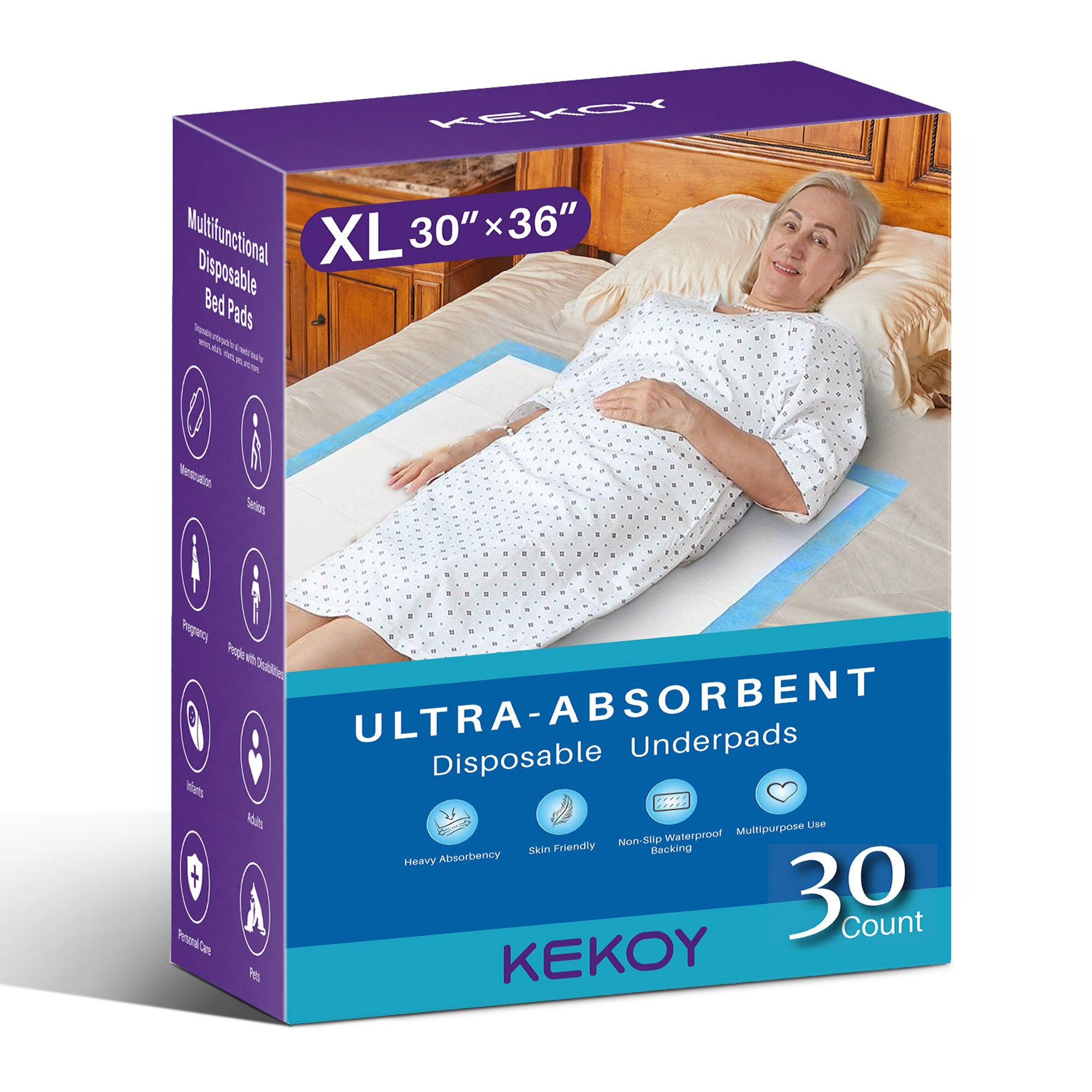 KEKOY Bed Pads for Incontinence Disposable, Maximum Absorbent Bed Pads, 30 x 36 Waterproof Underpads, Disposable Underpads for Adults, XL, 30 Count