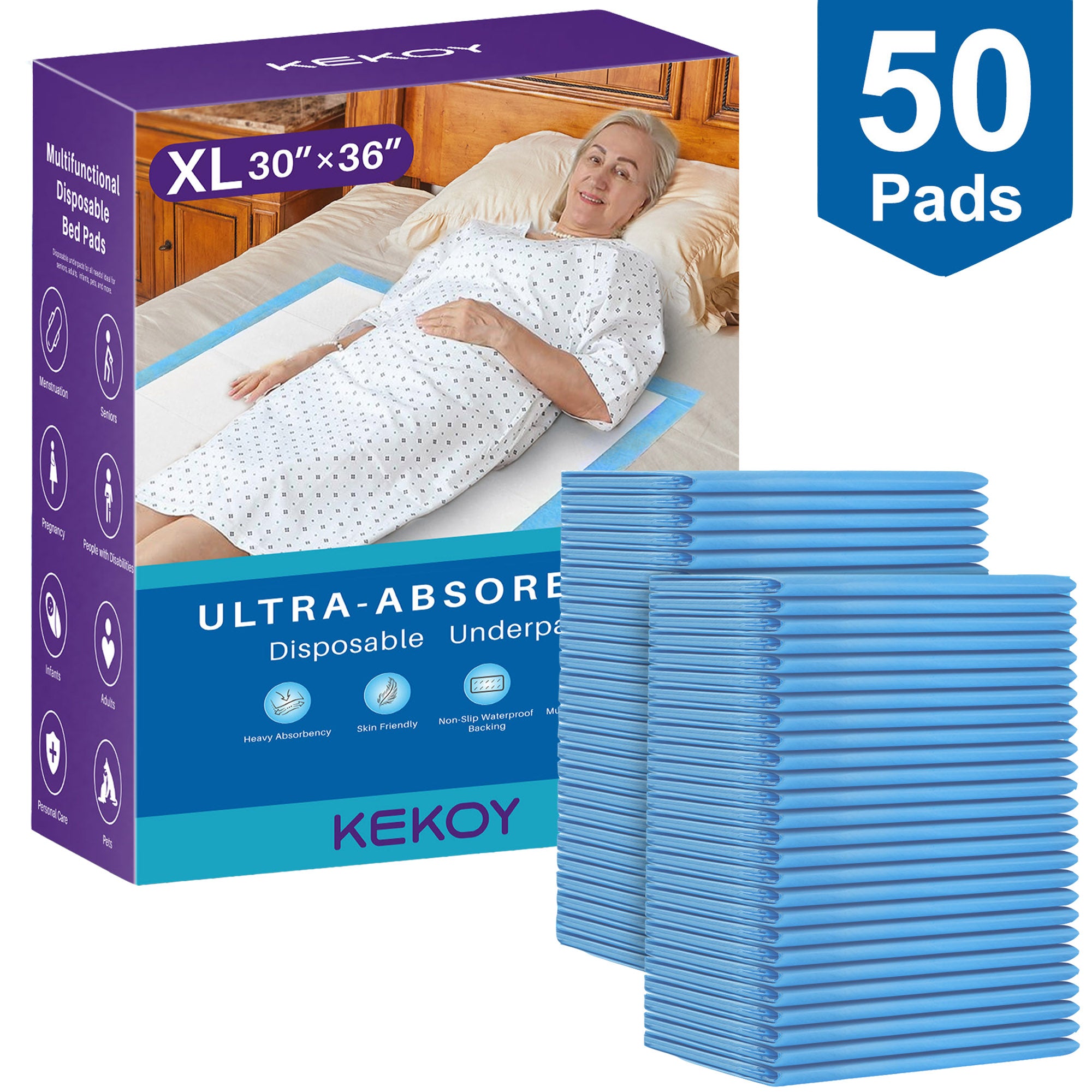 KEKOY Disposable Bed Pads for Incontinence 30 x 36, 3 Times Super Absorbent, Adult Pee Pads for Bed Disposable, Ideal for Adults, Seniors, Puppy Pads, 50 Count