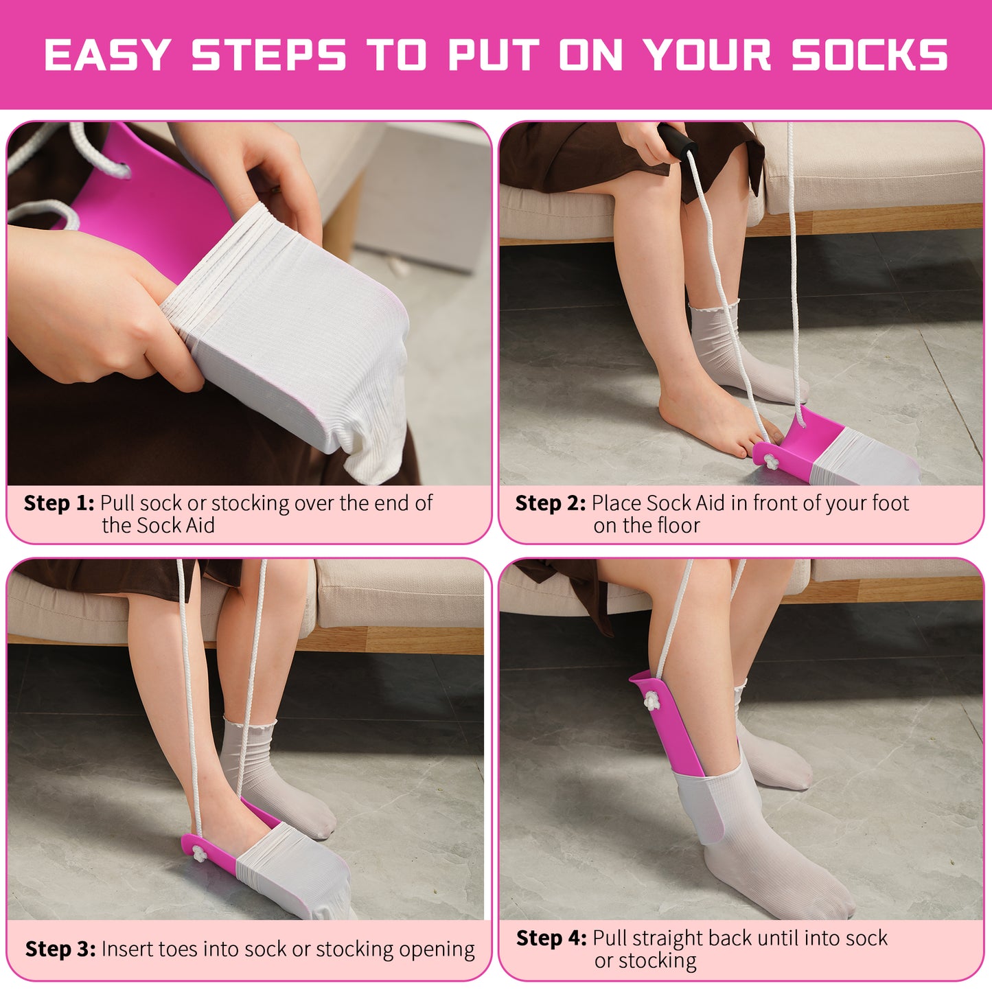 KEKOY Sock Aid Device for Seniors, Sock Aid with Foam Handles, Sock Helper Easy on Easy off, Sock Aid Pull on, Rose Red
