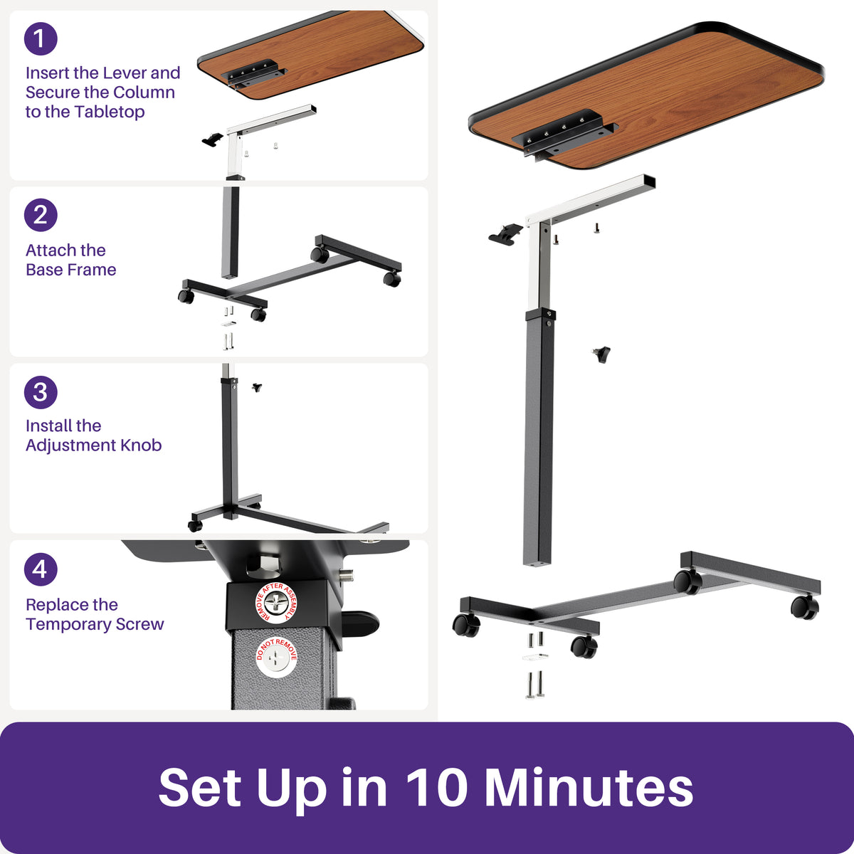 Kekoy Overbed Table with Wheels, Easy Height Adjustable Bedside Table for Bed for Elderly, Rolling Bed Tray Table for Eating & Reading, Stable Support for Medical Home Care and Hospital Use