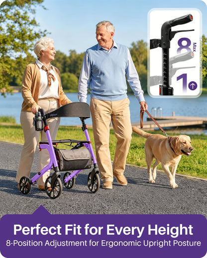 Kekoy Heavy-Duty Rollator Walker with Seat for Seniors – 500 lbs Walker for Seniors, Extra-Wide 19.5" Seat, Reinforced K-Frame, 10" TPR All-Terrain Wheels, Hidden Brake Cables, 8-Level Adjustable Height, Purple