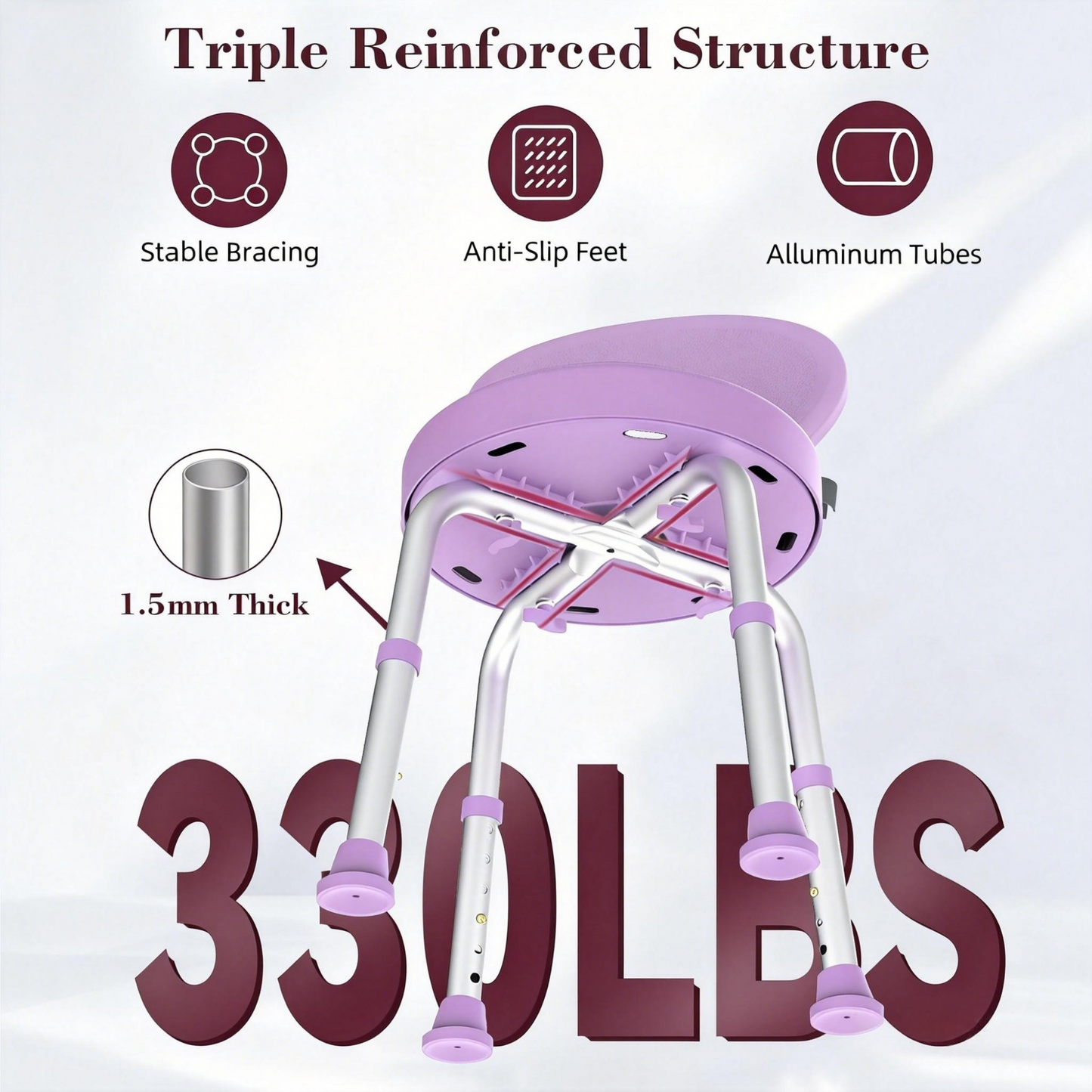 Kekoy Swivel Shower Chair, 360° Rotating Shower Seat with Backrest for Elderly and Disabled, Height Adjustable Tub Bench for Inside Shower Stool & Bath Tub Seat for Adults, Purple