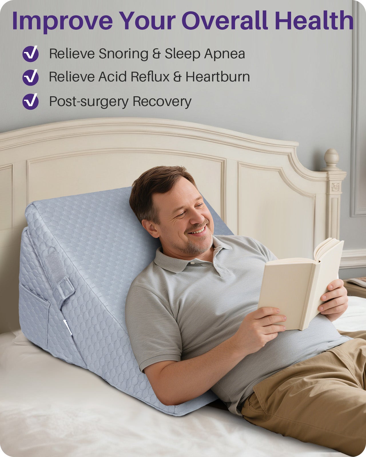 KEKOY Bed Wedge Pillow for Sleeping, Adjustable Height to 9-12 inches, Memory Foam Pillows with Washable Cover, Gray