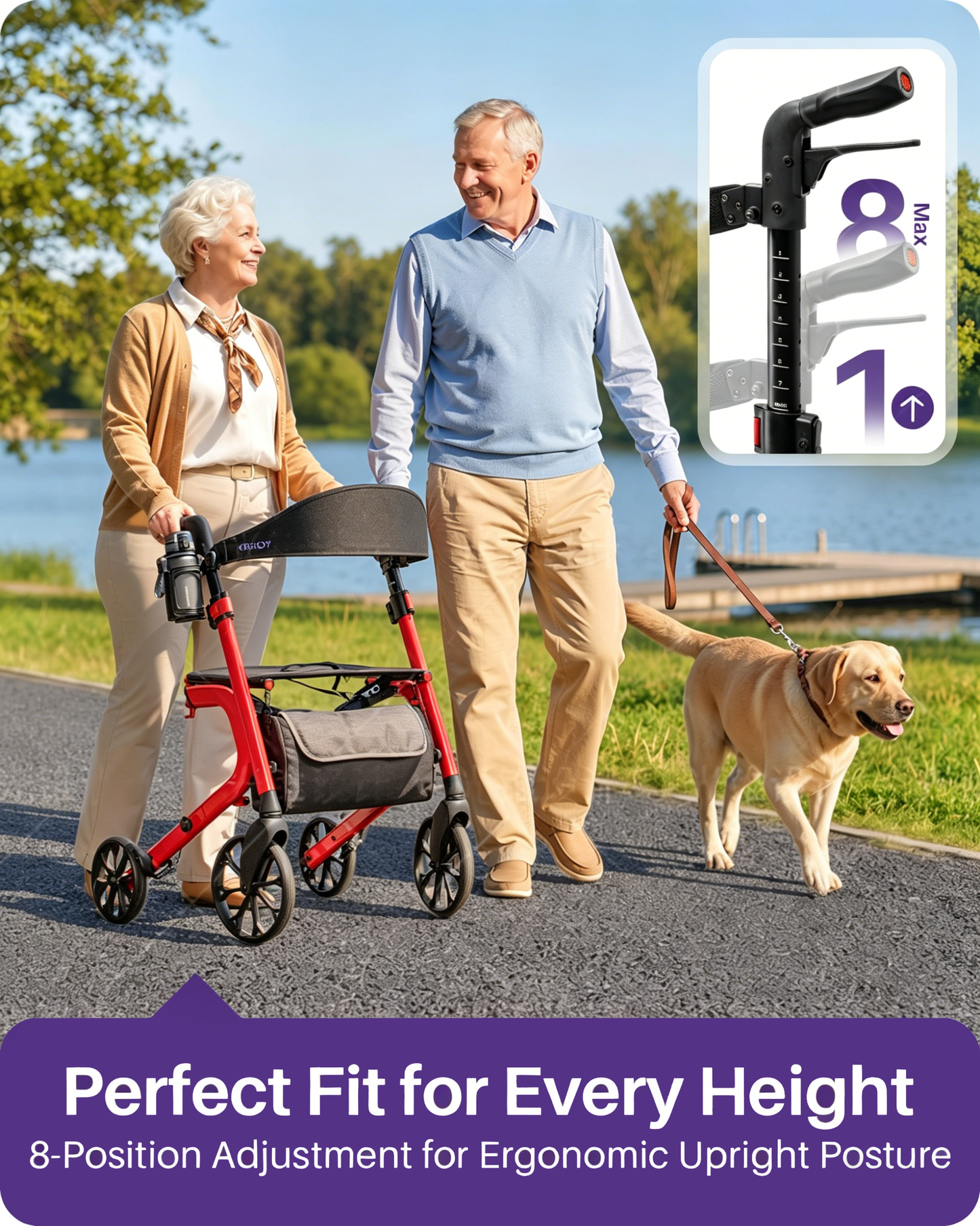 Kekoy Heavy-Duty Rollator Walker with Seat for Seniors – 500 lbs Walker for Seniors, Extra-Wide 19.5" Seat, Reinforced K-Frame, 10" TPR All-Terrain Wheels, Hidden Brake Cables, 8-Level Adjustable Height, Red