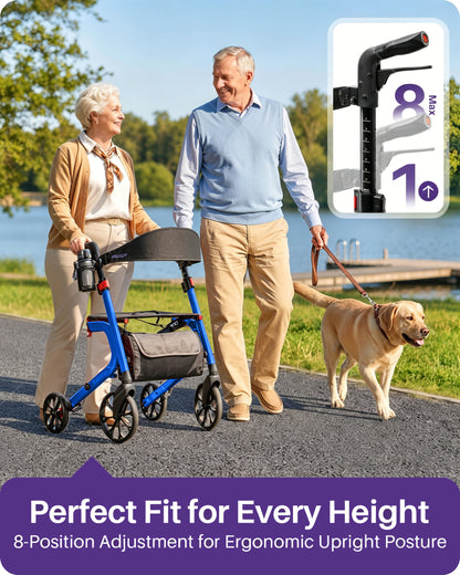 Kekoy Heavy-Duty Rollator Walker with Seat for Seniors – 500 lbs Walker for Seniors, Extra-Wide 19.5" Seat, Reinforced K-Frame, 10" TPR All-Terrain Wheels, Hidden Brake Cables, 8-Level Adjustable Height, Blue