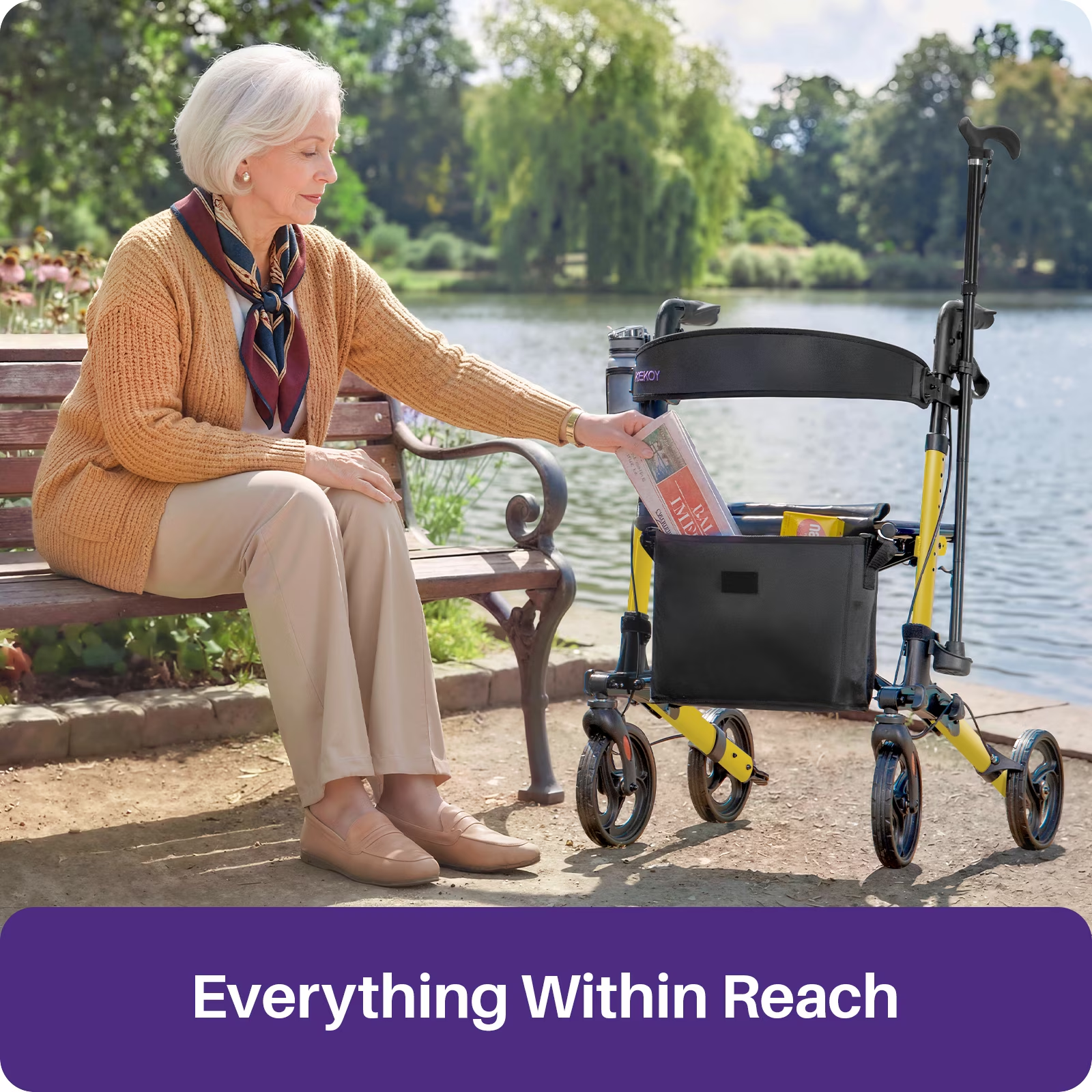 KEKOY Foldable Mobility Rollator Walkers for Seniors with Seat 350 lb, Adjustable Handles and Backrest Height, Adult Aluminum Rolling Walker, 8" Big Wheels, Yellow