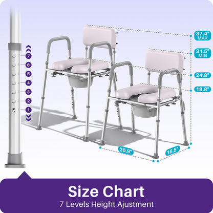 KEKOY Bedside Commode Chair with Padded Seat and Backrest, Aluminum Commode Toilet for Adults, Seniors, Disabled, Adjustable Height, Includes Potty Bucket & Splash Guard, 400lbs Capacity