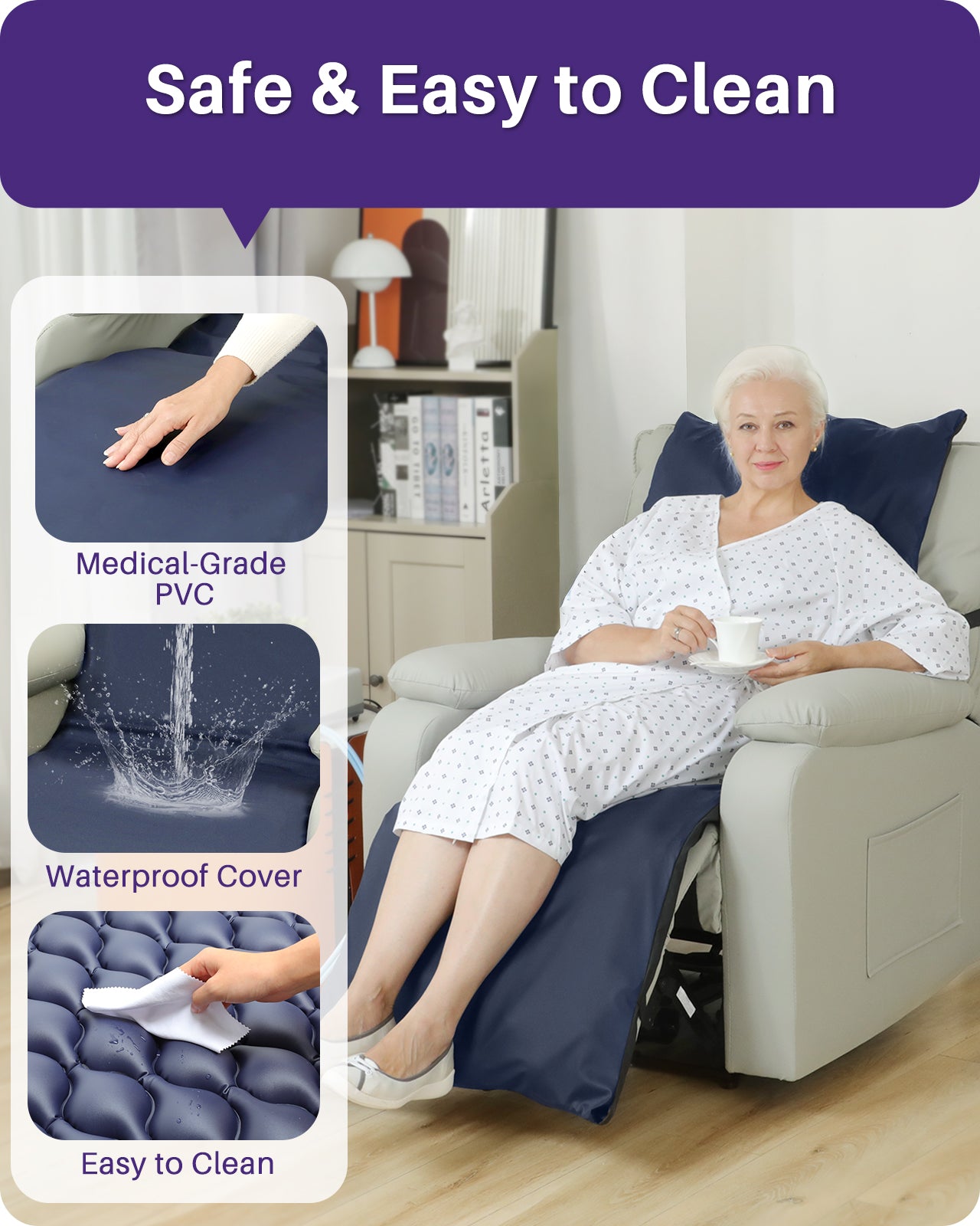 Kekoy Alternating Air Pressure Recliner Cushion - Upgrade with Anti-Slip Base & Quiet Pump, Waterproof Pressure Relief Pad for Bed Sore Prevention & Home Care