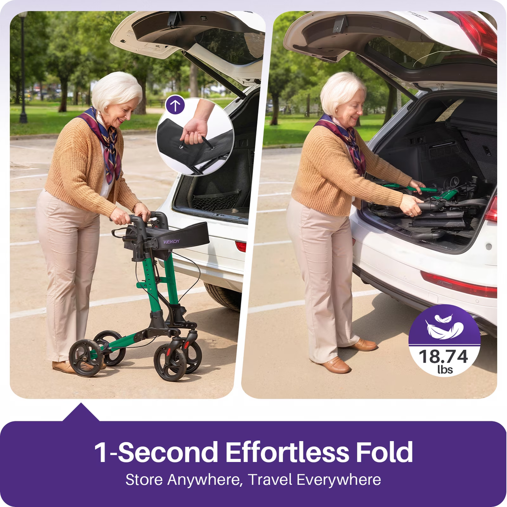KEKOY Walkers for Seniors Foldable Mobility Rollator with Seat 350 lb, Adjustable Handles and Backrest Height, Adult Aluminum Rolling Walker, 8" Big Wheels, Green