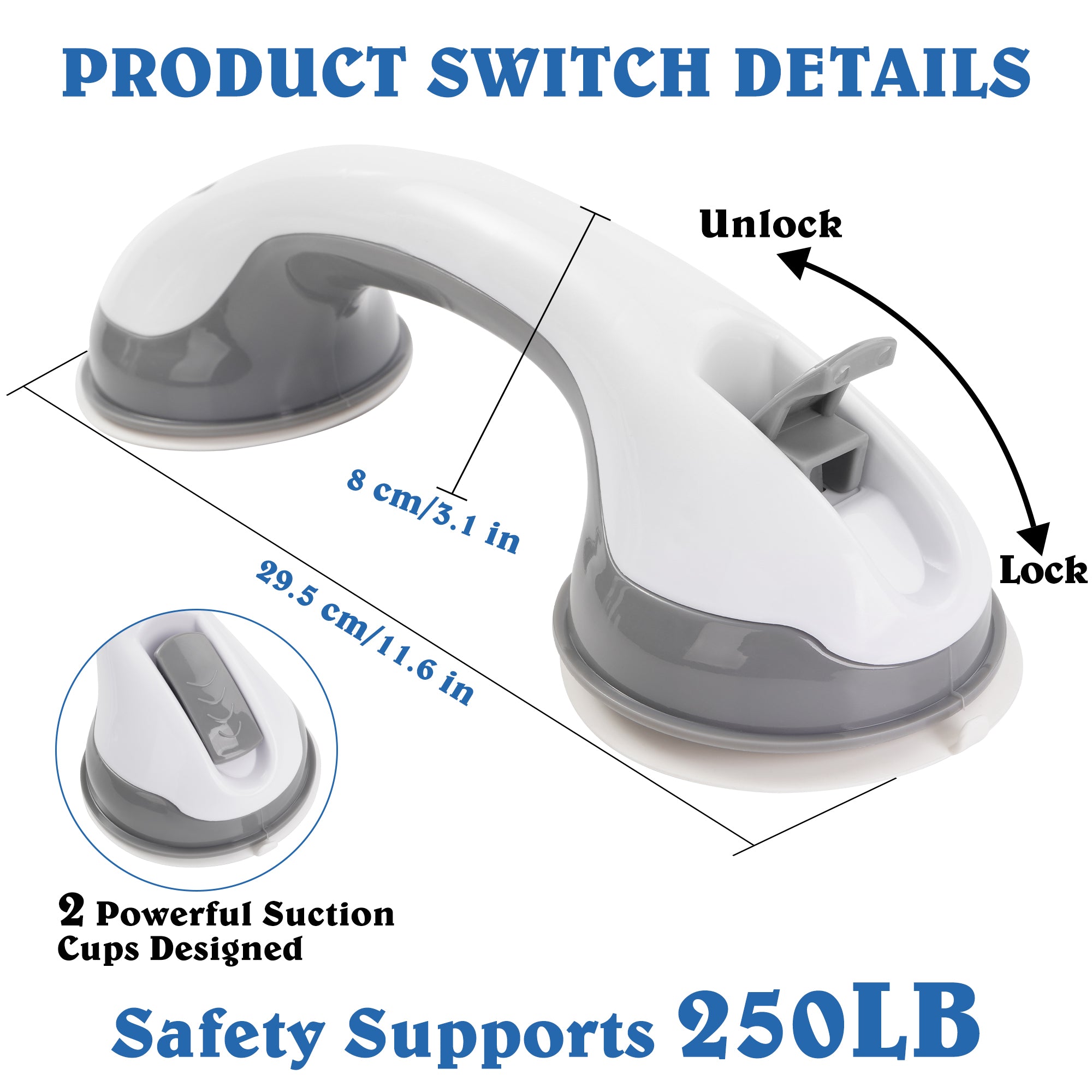 KEKOY 2 Pack Shower Handles for Elderly, Grab Bars for Bathroom, 12" Suction Bath Tub Hand Rail, Anti-Slip Safety Bar with Shower Pouf and Hook