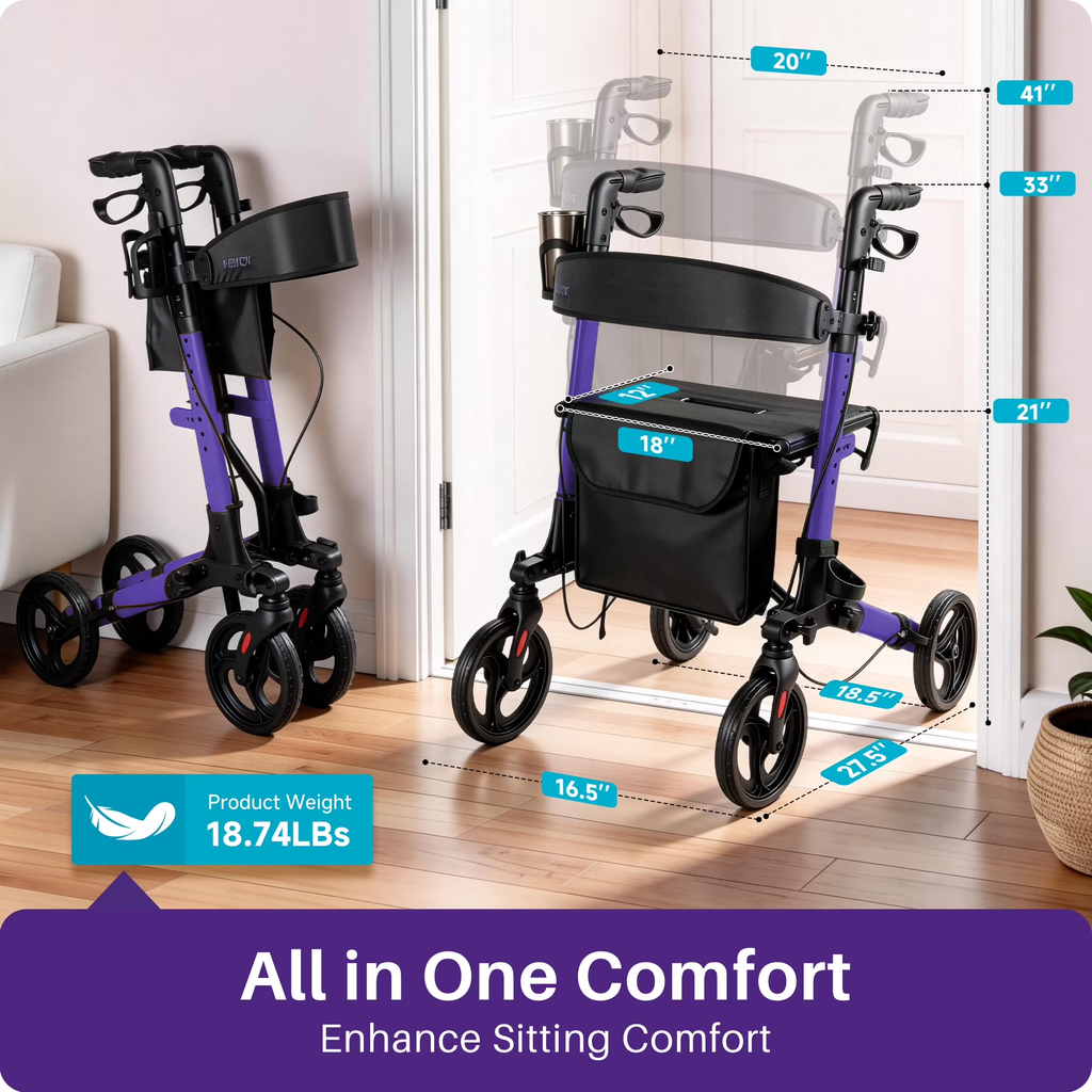 KEKOY Walkers for Seniors Foldable Mobility Rollator with Seat 350 lb, Adjustable Handles and Backrest Height, Adult Aluminum Rolling Walker, 8" Big Wheels, Purple