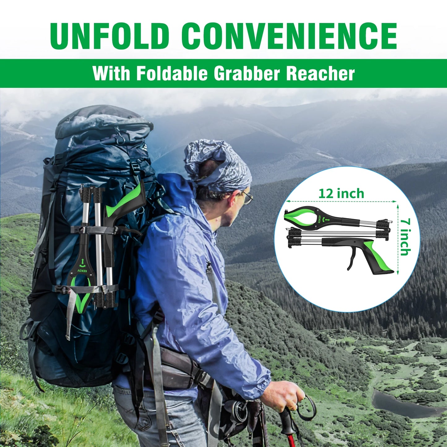 36" Extra Long Grabber Reacher, Kekoy Foldable Grabbers for Elderly Grab It Reaching Tool Heavy Duty, Anti-Slip Rotating Jaw with Magnets, 4" Wide Claw Opening Reachers for Seniors, Trash Picker Tool