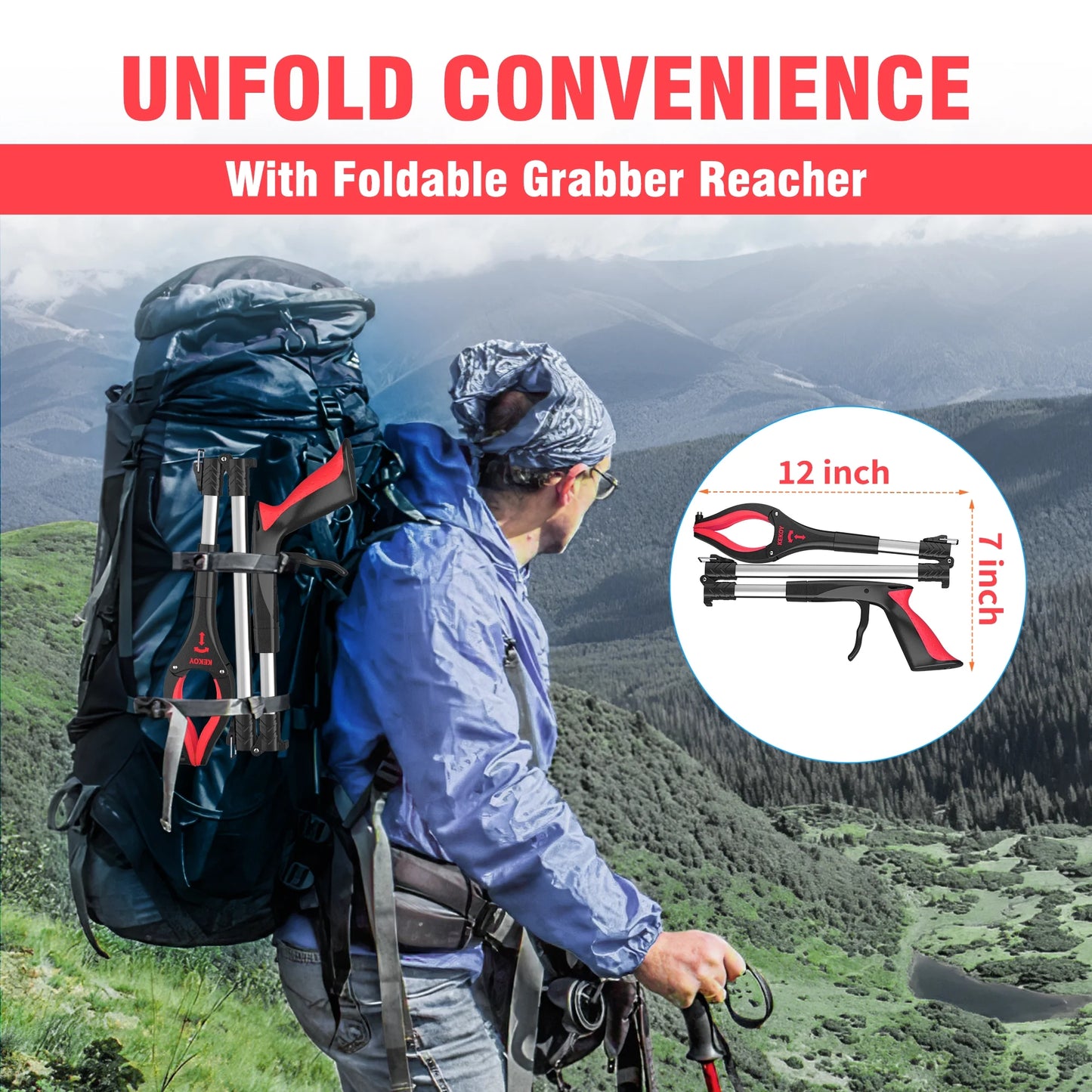 36 Inch Grabber Reacher, Kekoy Foldable Grabbers for Elderly Grab It Reaching Tool Heavy Duty, Anti-Slip Rotating Jaw with Magnet, 4" Wide Claw Opening Reachers for Seniors, Trash Picker Tool(Red)