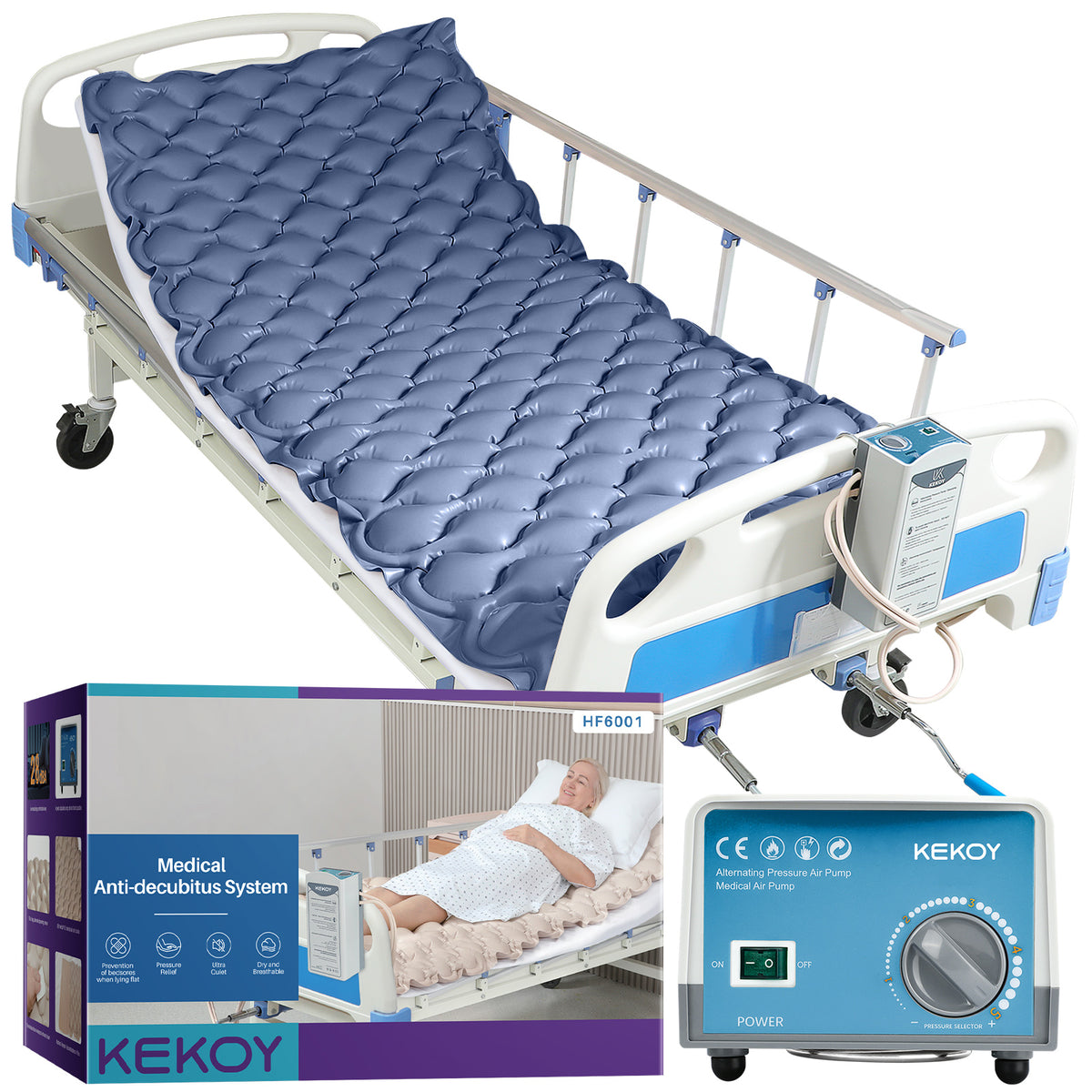 KEKOY Alternating Pressure Mattress with Quiet Electric Pump, Air Mattress for Bed Sore & Ulcer Prevention, Air Pad for Hospital Bed and Home Use, Blue