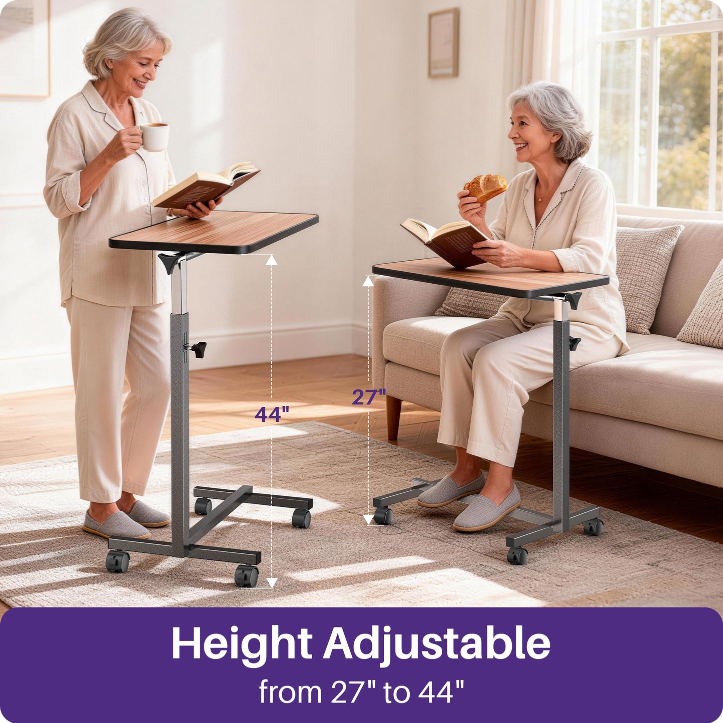 KEKOY Overbed Table, Adjustable Overbed Bedside Table with Wheels, Tilt Table for Home and Hospital Use, Smooth Rolling, Stable Support Design