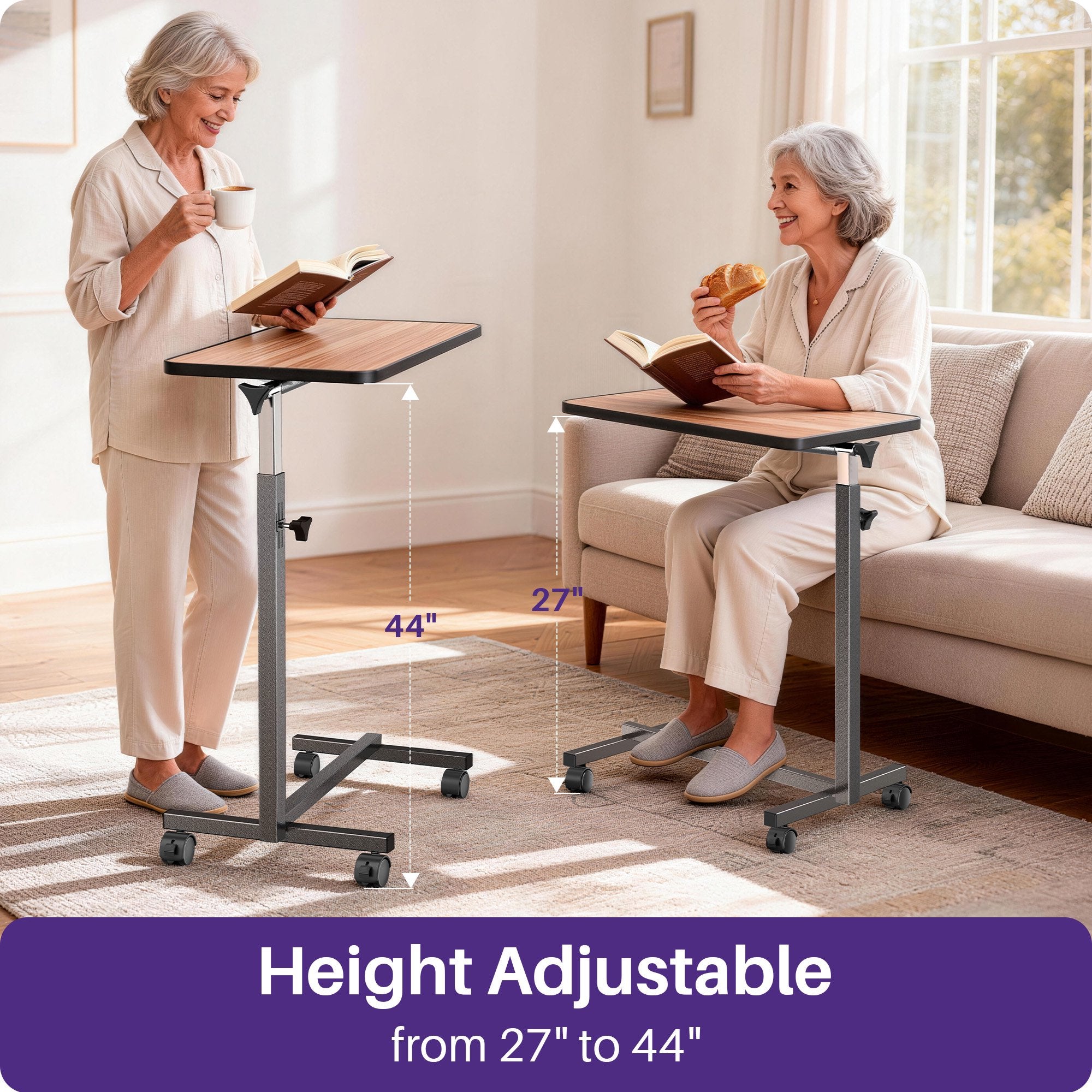 KEKOY Overbed Table, Adjustable Overbed Bedside Table with Wheels, Tilt Table for Home and Hospital Use, Smooth Rolling, Stable Support Design