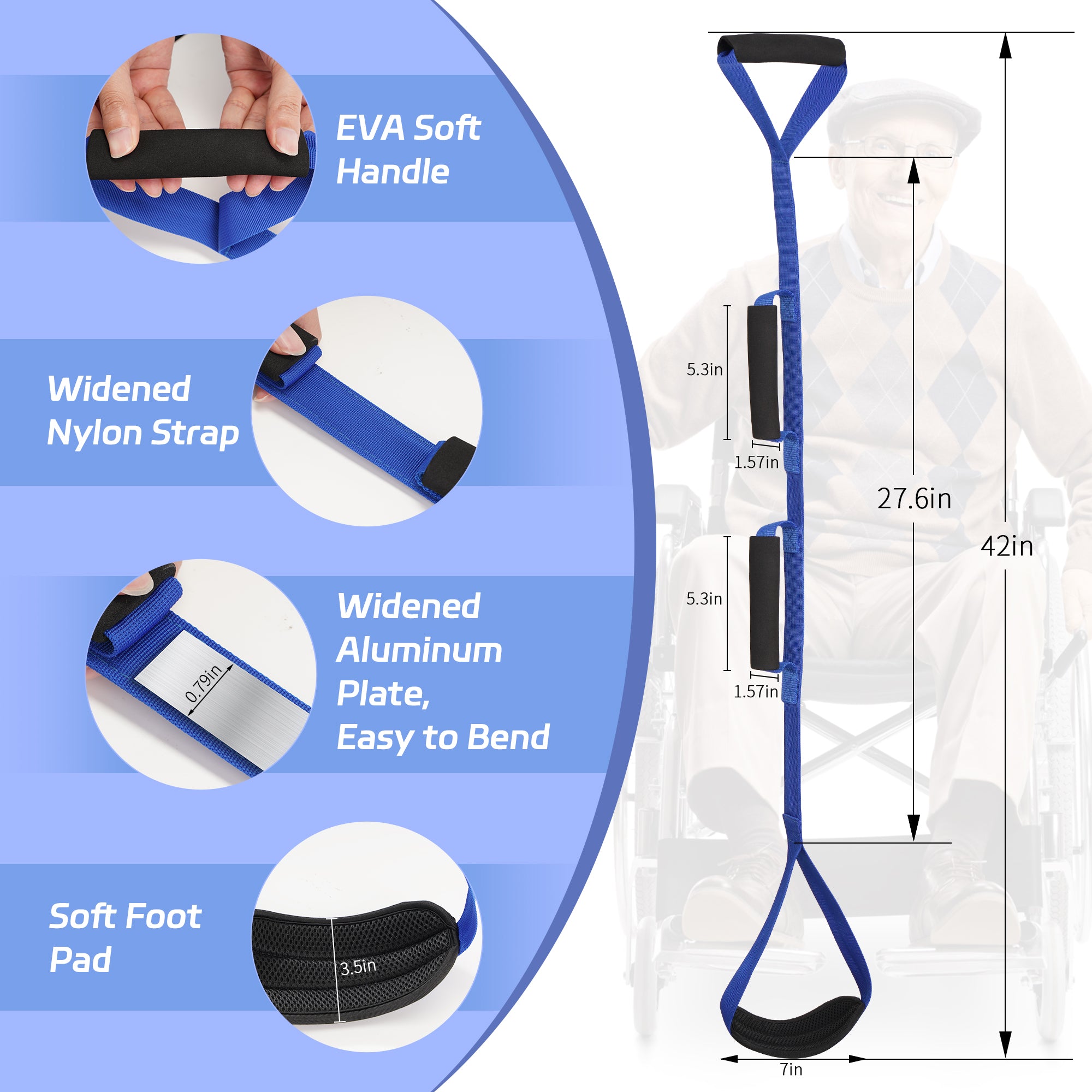 KEKOY 42" Leg Lifter for Hip Replacement with Two Foam Handle, Mobility Lift Leg Raiser Aids for Elderly, Handicap, Leg Lifter Getting Legs in and Out of Bed, Wheelchairs,Chairs, Car, Blue