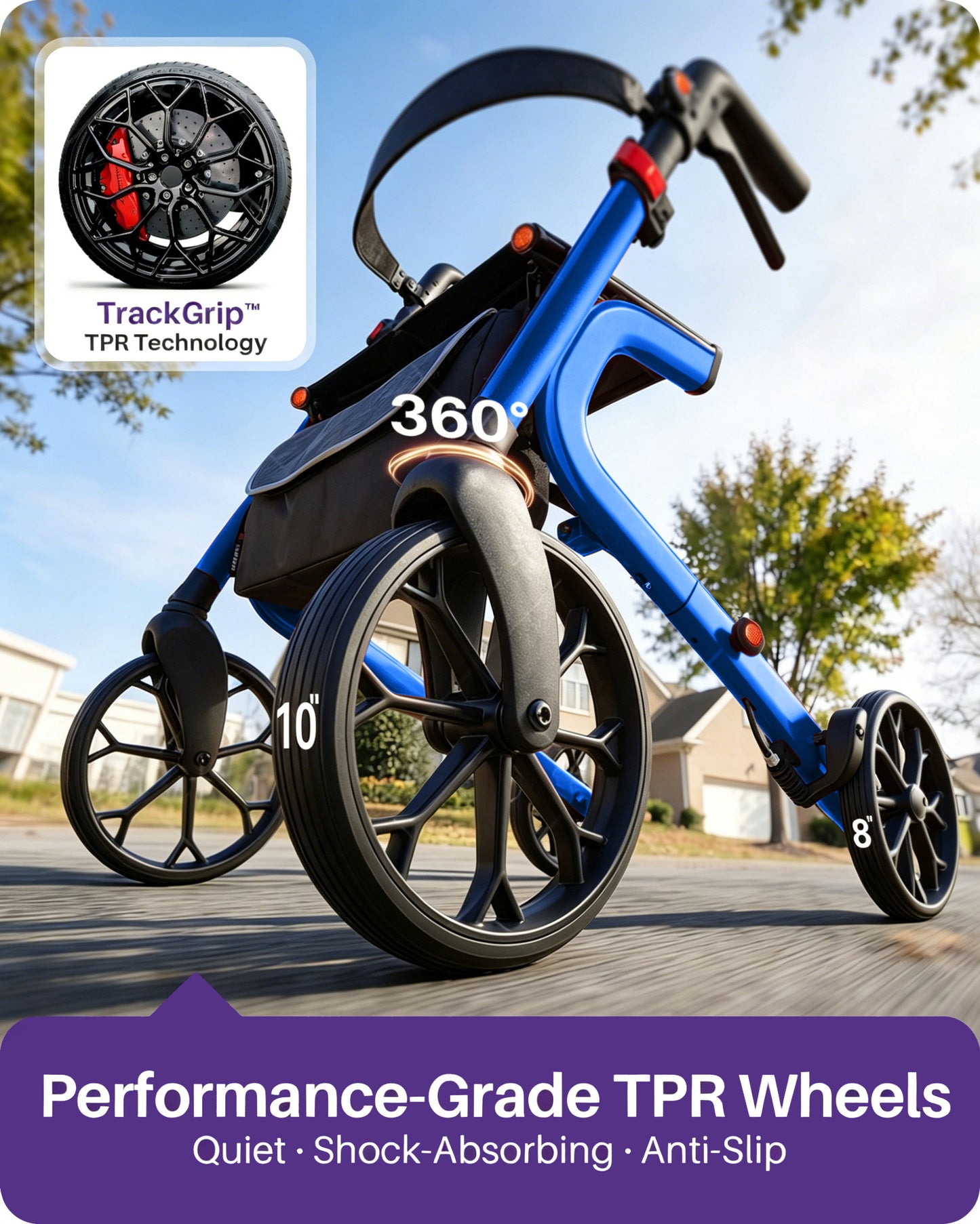 Kekoy Heavy-Duty Rollator Walker with Seat for Seniors – 500 lbs Walker for Seniors, Extra-Wide 19.5" Seat, Reinforced K-Frame, 10" TPR All-Terrain Wheels, Hidden Brake Cables, 8-Level Adjustable Height, Blue