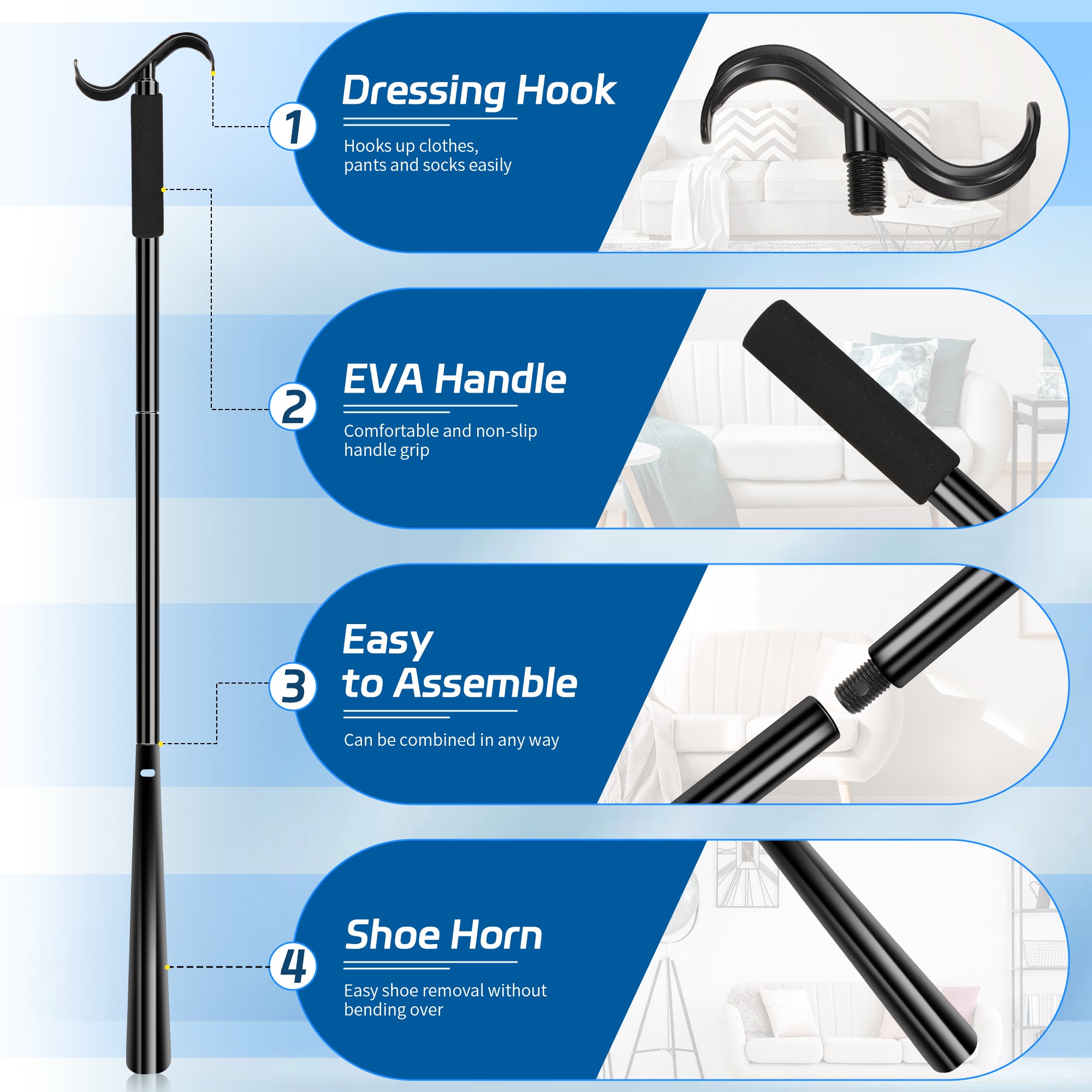 KEKOY 35" Detachable Shoe Horn with Long Handle, 3 in 1 Long Shoe Horn for Seniors with Sock Remover, Extra Long Dressing Stick Aid with Foam Handles