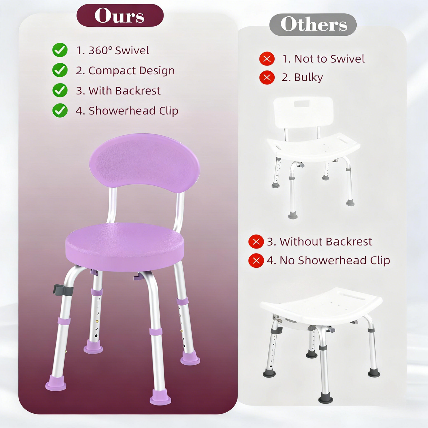 Kekoy Swivel Shower Chair, 360° Rotating Shower Seat with Backrest for Elderly and Disabled, Height Adjustable Tub Bench for Inside Shower Stool & Bath Tub Seat for Adults, Purple