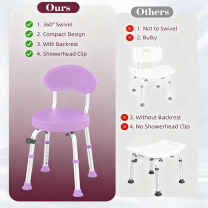 Kekoy Swivel Shower Chair, 360° Rotating Shower Seat with Backrest for Elderly and Disabled, Height Adjustable Tub Bench for Inside Shower Stool & Bath Tub Seat for Adults, Purple