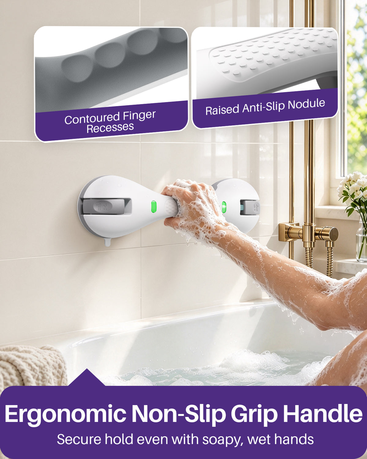 KEKOY 12" Shower Handles for Elderly, 2 Pack Dual-Layer Suction Grab Bars for Bathroom with Safety Indicator, No-Drill Shower Safety Bar for Seniors