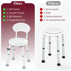 Kekoy Swivel Shower Chair, 360° Rotating Shower Seat with Backrest for Elderly and Disabled, Height Adjustable Tub Bench for Inside Shower Stool & Bath Tub Seat for Adults, White