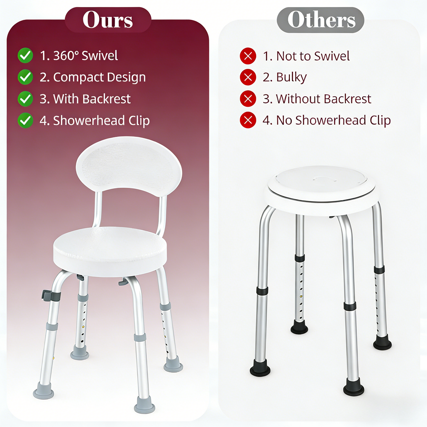 Kekoy Swivel Shower Chair, 360° Rotating Shower Seat with Backrest for Elderly and Disabled, Height Adjustable Tub Bench for Inside Shower Stool & Bath Tub Seat for Adults, White