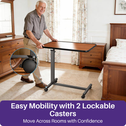 KEKOY Overbed Table with Wheels, Pneumatic Height Adjustable Bedside Table for Bed for Elderly, Rolling Bed Tray Table for Eating & Reading, Stable Support for Hospital and Home Care