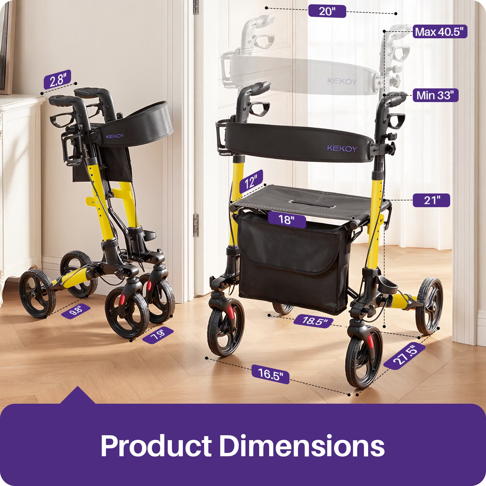 KEKOY Foldable Mobility Rollator Walkers for Seniors with Seat 350 lb, Adjustable Handles and Backrest Height, Adult Aluminum Rolling Walker, 8" Big Wheels, Yellow