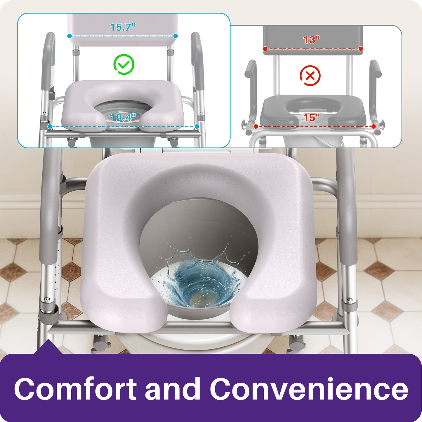 KEKOY Bedside Commode Chair with Padded Seat and Backrest, Aluminum Commode Toilet for Adults, Seniors, Disabled, Adjustable Height, Includes Potty Bucket & Splash Guard, 400lbs Capacity