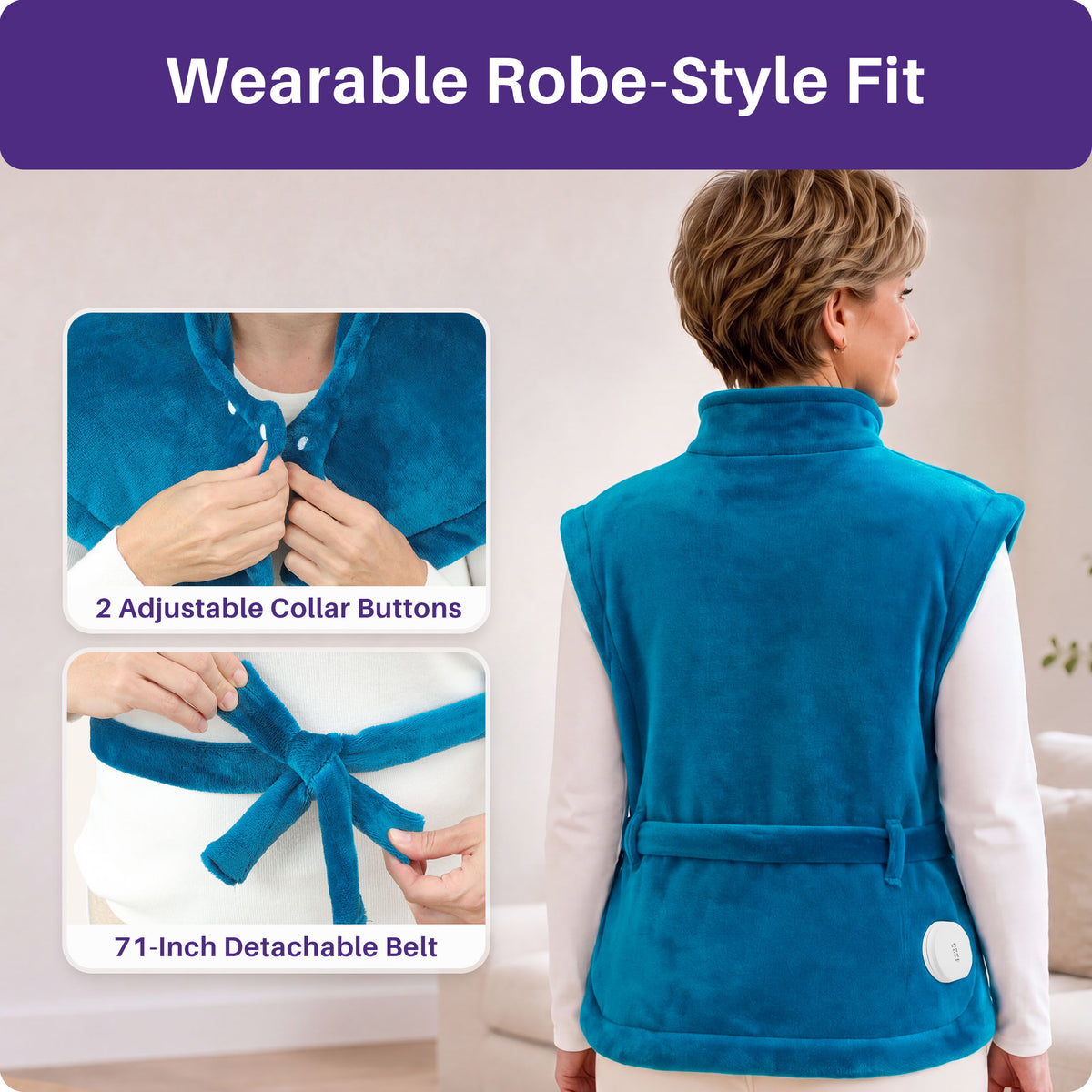 KEKOY Heating Pad for Back, Neck & Shoulders Pain Relief, Wearable Electric Heat Pad with Detachable Belt, 4 Heat Settings, 2-Hour Auto Shut-Off, Fast Heating, 24"x33", Blue