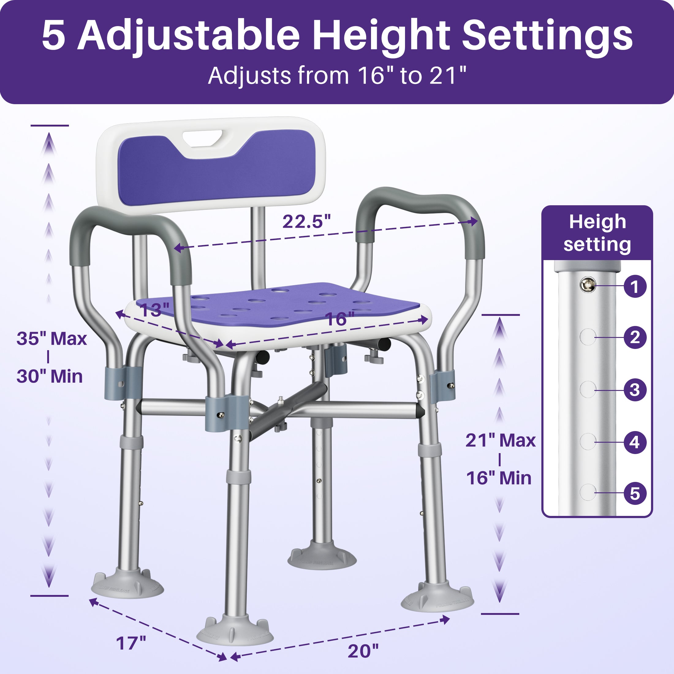 KEKOY Shower Chair with Back and Arms for Inside Shower, 550LBS Heavy Duty Shower Chair, 22.5" Extra Wide Space Between Armrests, Large Suction Feet, FSA/HSA Adjustable Shower Chair for Elderly
