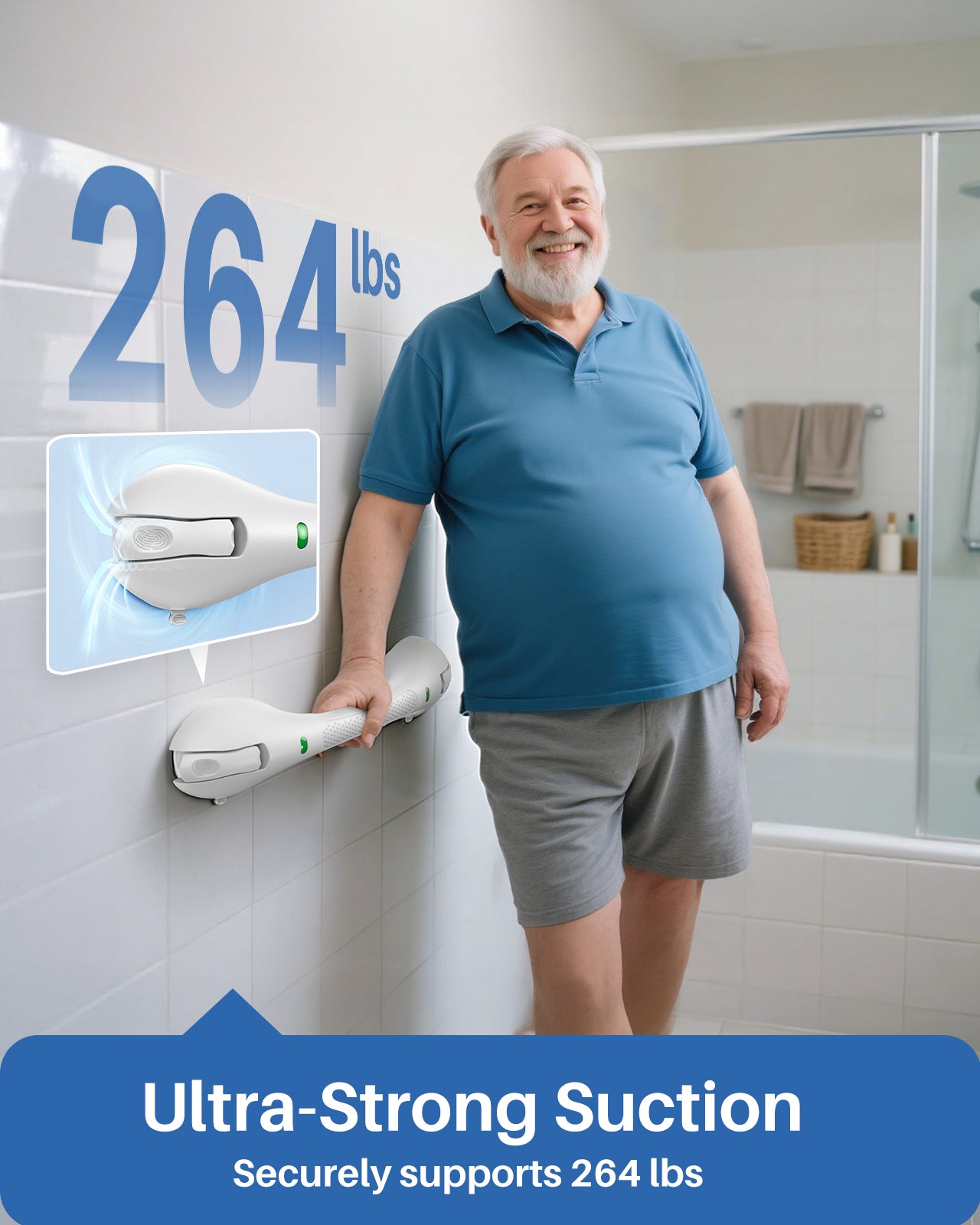 KEKOY Shower Handles for Elderly, Grab Bars for Bathroom, 17.5" Suction Shower Hand Rail, Anti-Slip Safety Bar with Strong Suction