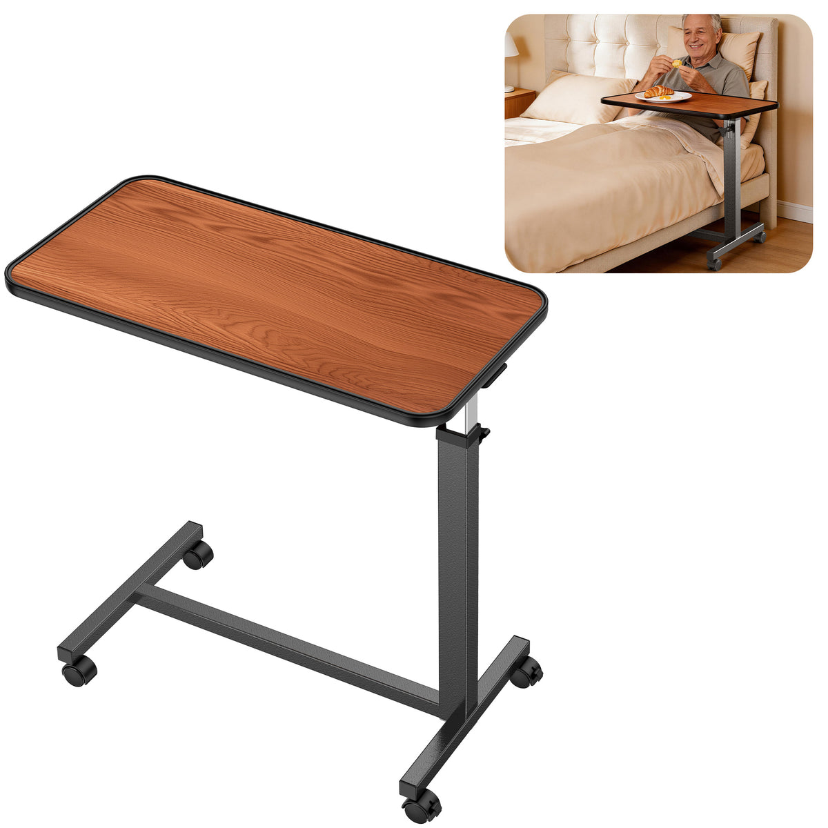 Kekoy Overbed Table with Wheels, Easy Height Adjustable Bedside Table for Bed for Elderly, Rolling Bed Tray Table for Eating & Reading, Stable Support for Medical Home Care and Hospital Use