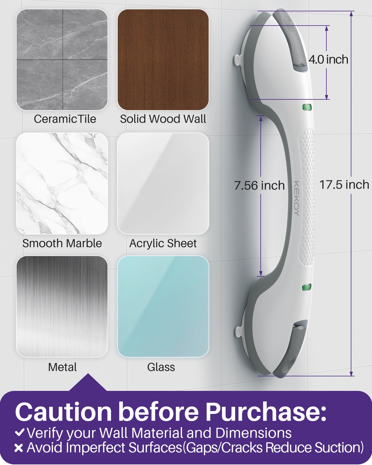 KEKOY 17.5" Shower Handles for Elderly with Safety Indicators, Grab Bars for Bathroom Stronger Suction Cup, Shower Grab Bars for Seniors, Injured, People with Disabilities