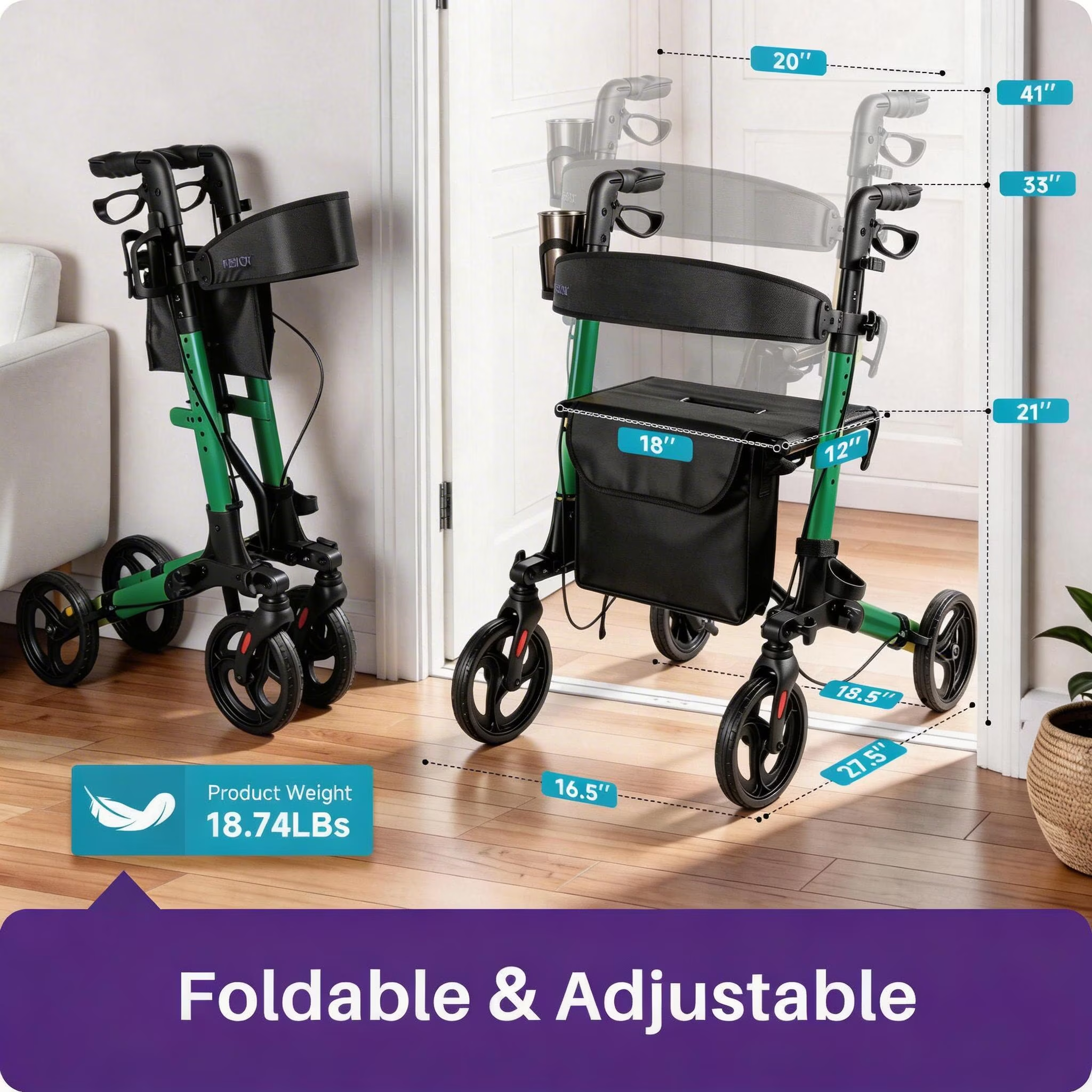 Kekoy Foldable Mobility Rollator Walkers for Seniors with Seat 350 lb, Adjustable Handles and Backrest Height, FSA eligible Adult Aluminum Rolling Mobility Walker, 8" Big Wheels, Green