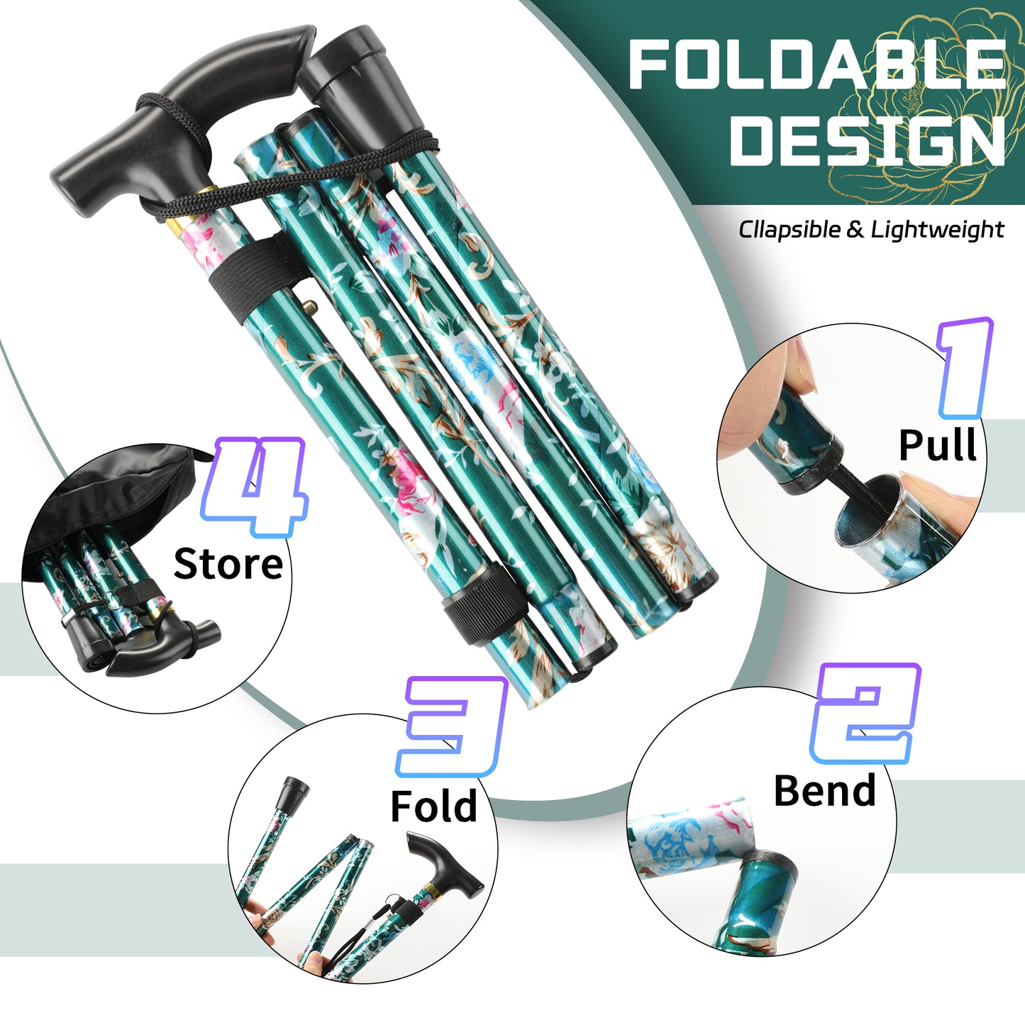 KEKOY Folding Cane, 5-Level Adjustable Height Walking Stick Lightweight Walking Cane for Men & Women - Foldable, Adjustable, Collapsible, Free Standing Cane with 2 Cane Tips