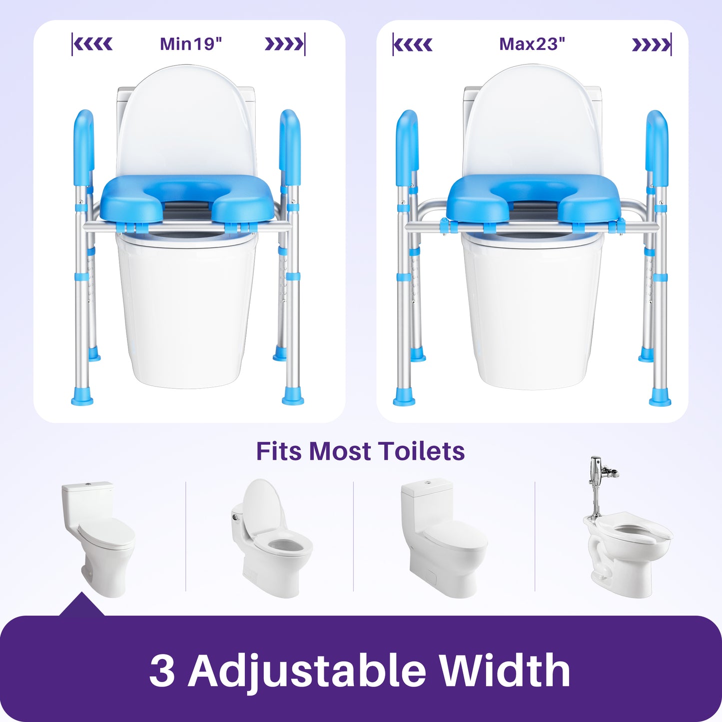 Toilet Seat Riser for Seniors, Raised Toilet Seat with Handles, Adjustable Height & Width, Handicap Elevated Toilet Seat, Fit Any Toilet