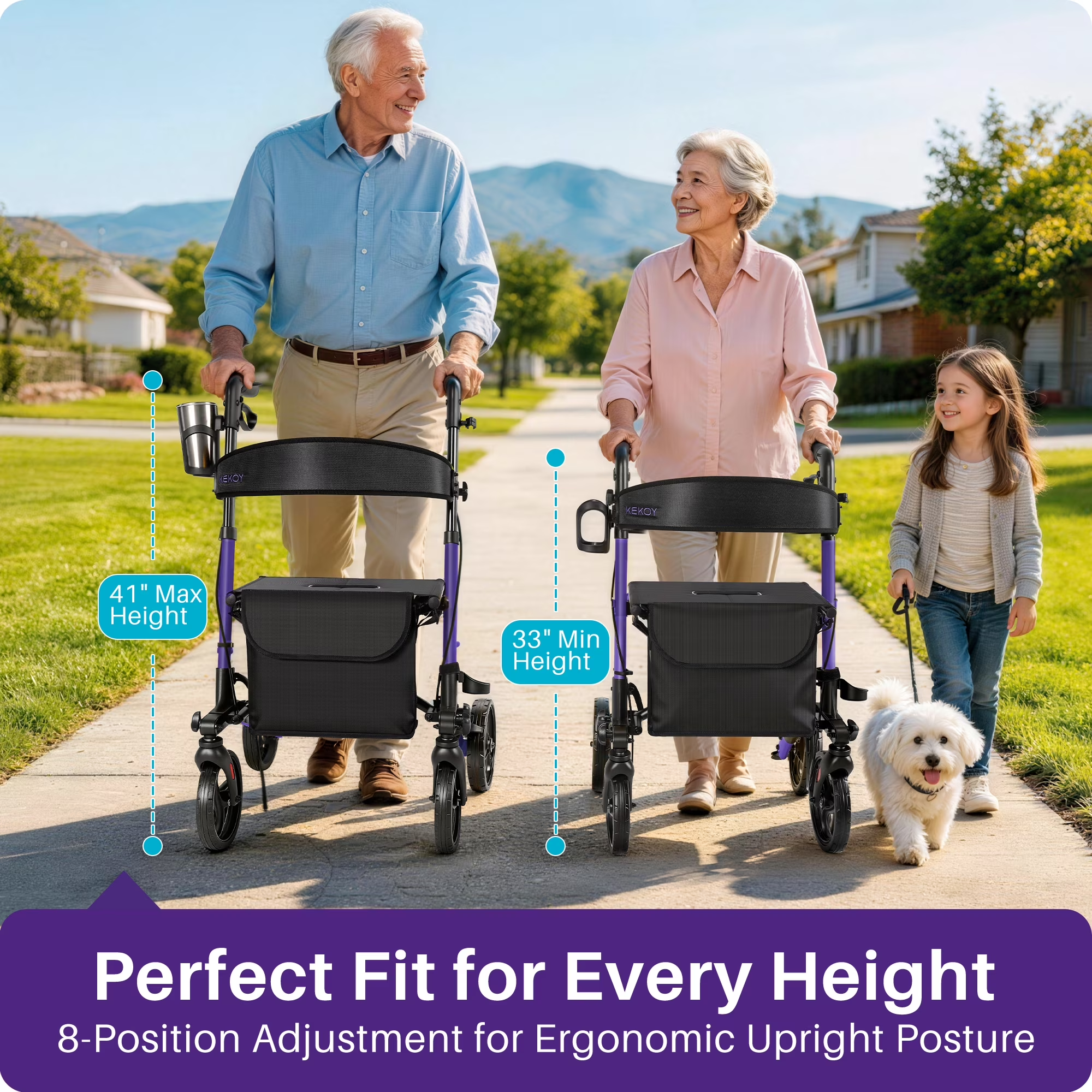 KEKOY Walkers for Seniors Foldable Mobility Rollator with Seat 350 lb, Adjustable Handles and Backrest Height, Adult Aluminum Rolling Walker, 8" Big Wheels, Purple