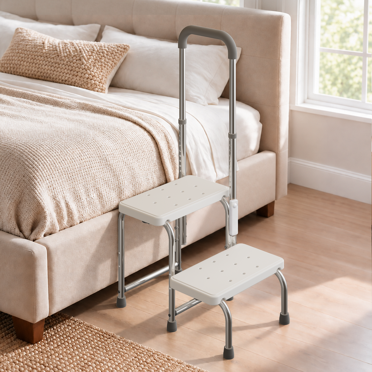 Kekoy 2 Step Stool for Adults and Seniors, 330 lb Metal Frame with Handle, Non-Slip Steps, 10 Height Settings, Motion-Activated LED for High Beds