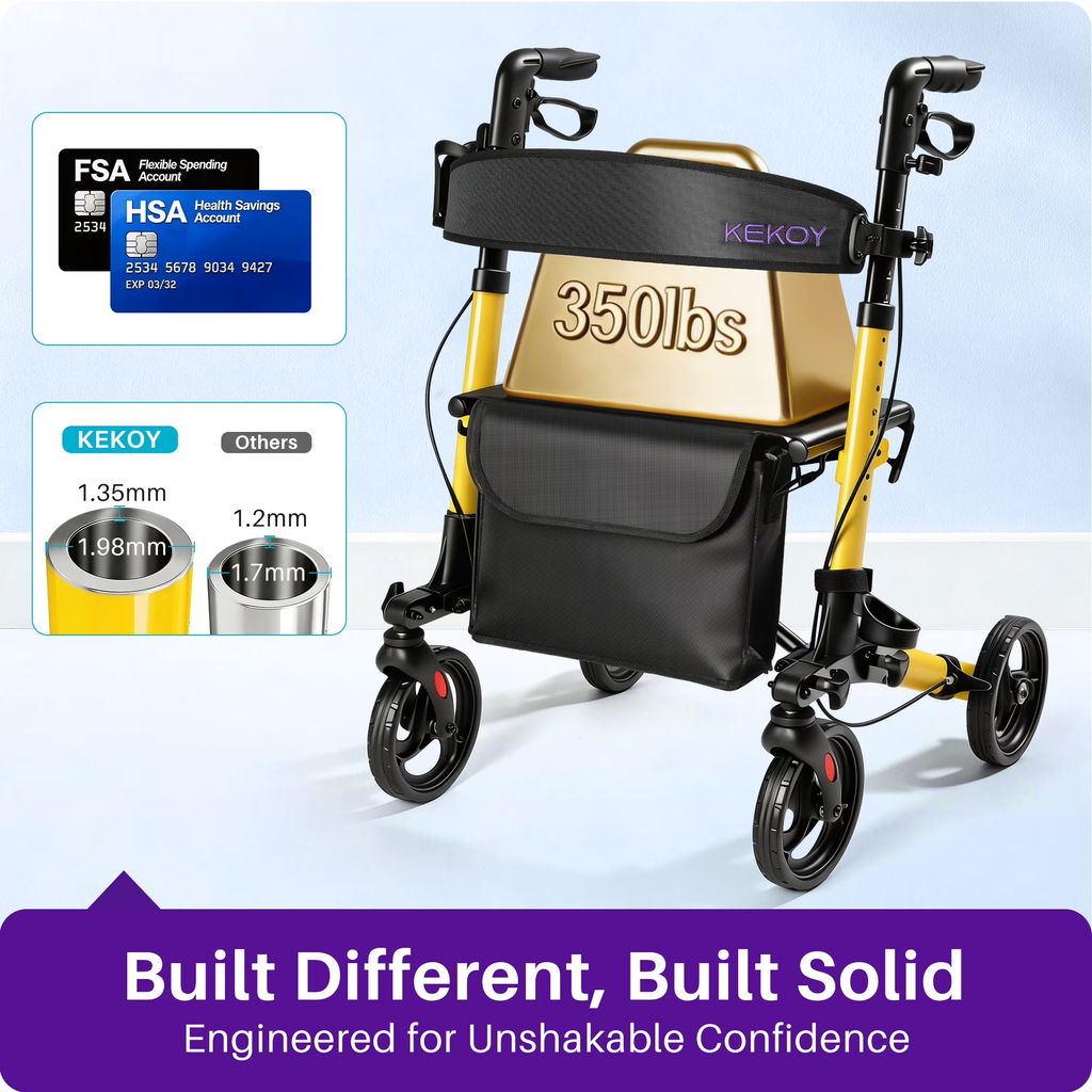 KEKOY Walkers for Seniors Foldable Mobility Rollator with Seat 350 lb, Adjustable Handles and Backrest Height, Adult Aluminum Rolling Walker, 8" Big Wheels, Yellow