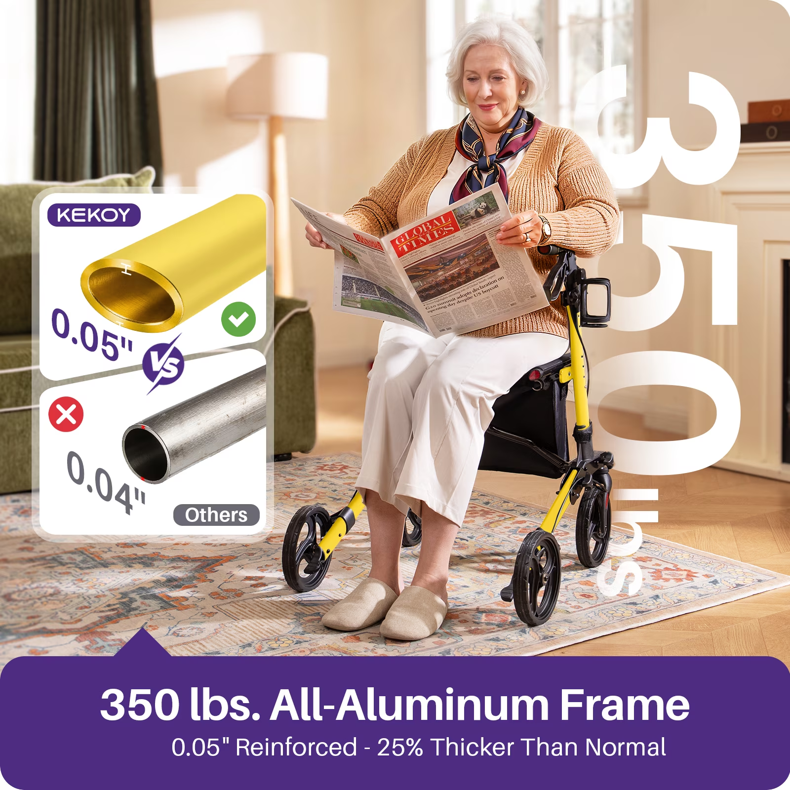 KEKOY Foldable Mobility Rollator Walkers for Seniors with Seat 350 lb, Adjustable Handles and Backrest Height, Adult Aluminum Rolling Walker, 8" Big Wheels, Yellow