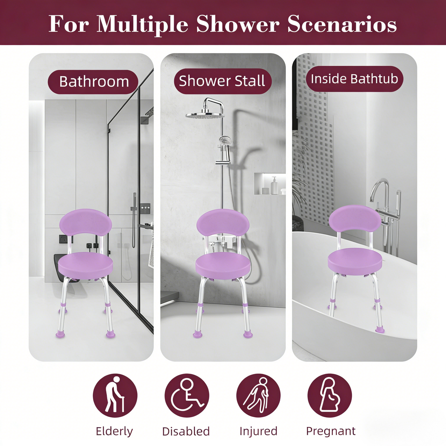 Kekoy Swivel Shower Chair, 360° Rotating Shower Seat with Backrest for Elderly and Disabled, Height Adjustable Tub Bench for Inside Shower Stool & Bath Tub Seat for Adults, Purple