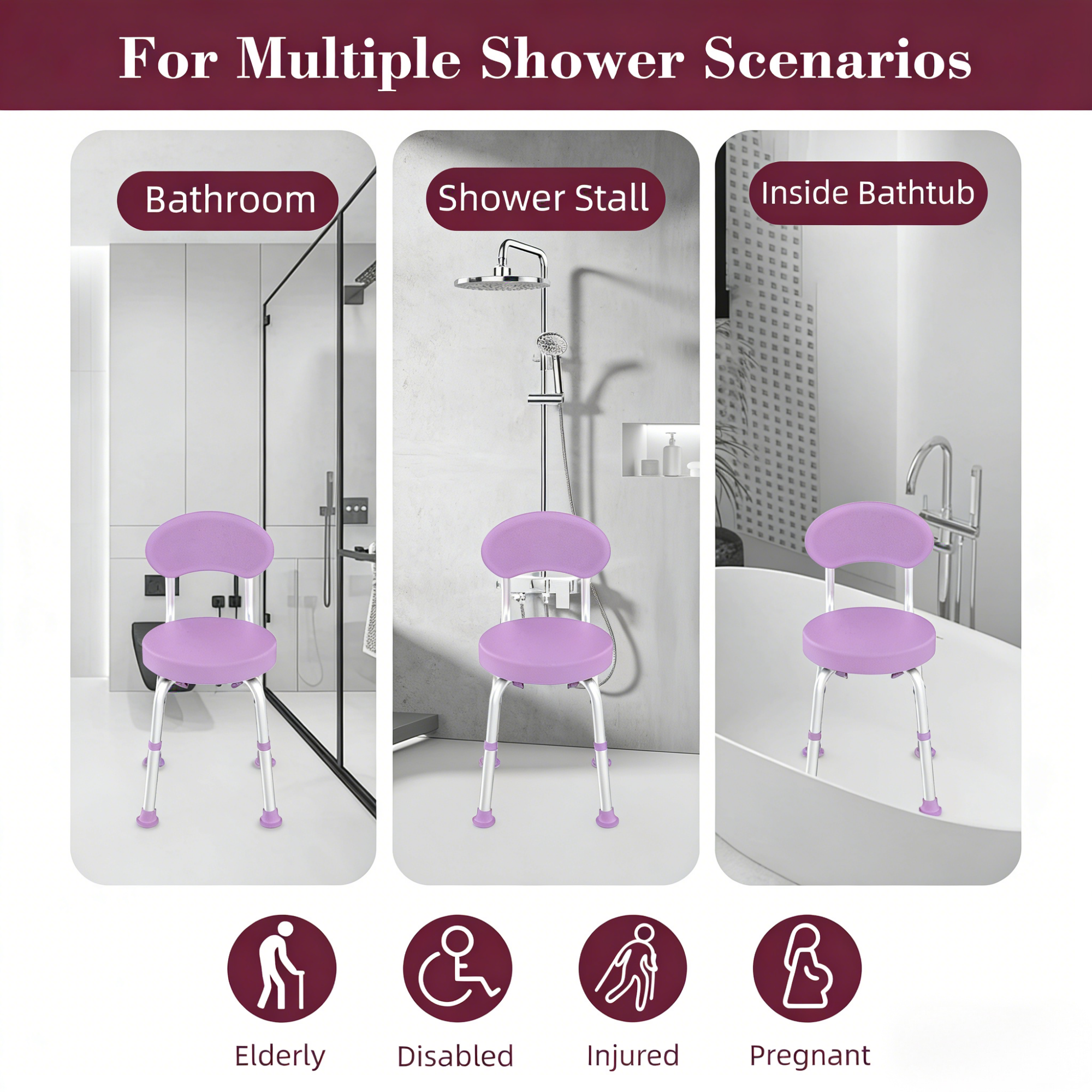 Kekoy Swivel Shower Chair, 360° Rotating Shower Seat with Backrest for Elderly and Disabled, Height Adjustable Tub Bench for Inside Shower Stool & Bath Tub Seat for Adults, Purple