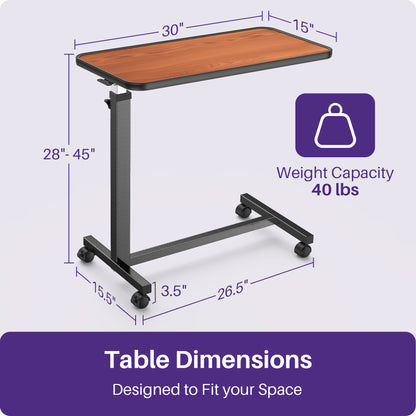 KEKOY Overbed Table with Wheels, Pneumatic Height Adjustable Bedside Table for Bed for Elderly, Rolling Bed Tray Table for Eating & Reading, Stable Support for Hospital and Home Care